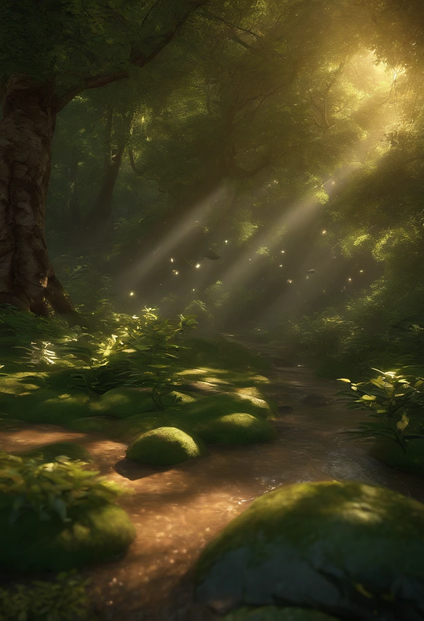 Masterpiece, best quality, (very detailed CG unity 8k wallpapers), (best quality), (best illustrations), (best shadows), forest theme with natural elements. Tall trees, quiet streams, glowing little mushrooms, surrounded by delicate leaves and branches, with fireflies and glowing particle effects,, (natural elements), (jungle theme), (leaves), (branches), ( fireflies), butterflies, (delicate leaves), (glow), (particle effects). , isometric 3D, Octane rendering, ray tracing, super detailed