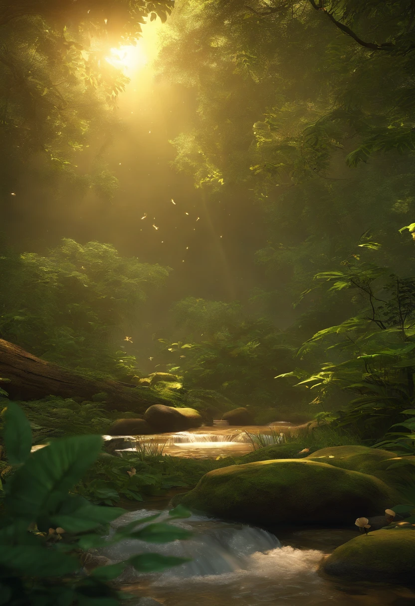 Masterpiece, best quality, (very detailed CG unity 8k wallpapers), (best quality), (best illustrations), (best shadows), forest theme with natural elements. Tall trees, quiet streams, glowing little mushrooms, surrounded by delicate leaves and branches, with fireflies and glowing particle effects,, (natural elements), (jungle theme), (leaves), (branches), ( fireflies), butterflies, (delicate leaves), (glow), (particle effects). , isometric 3D, Octane rendering, ray tracing, super detailed
