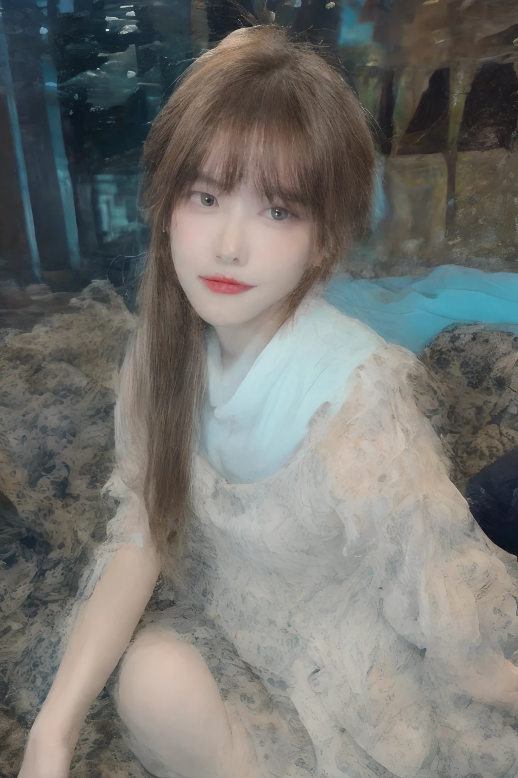 (of the highest quality、Best Quality)Long hair、girl with、soio、japanes、cardigan、Look up here(a picture、Realistis、Physically based)
