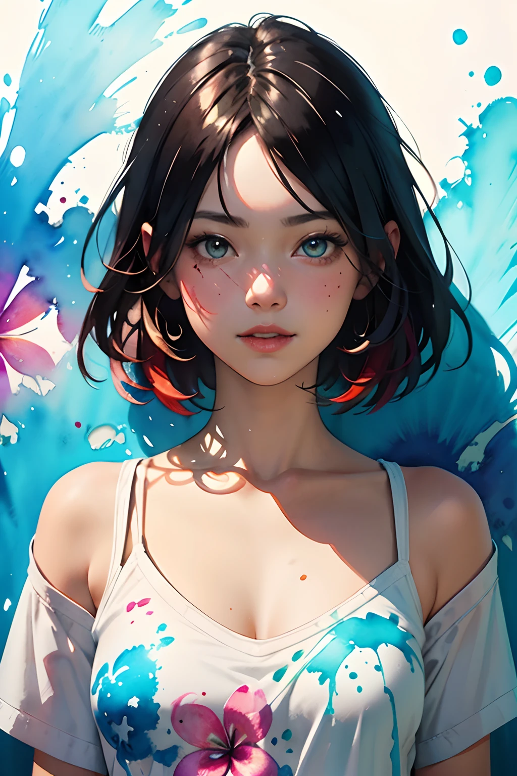 a Plumeria painting with a splatter background and spray paint effect, by Eugeniusz Zak, t-shirt, upper body centered, multi-color hair, wink eye, smile, watercolor art, by Károly Lotz, watercolor painting, watercolor painting style, watercolor detailed art, by Reuben Tam, by Agnes Cecile, watercolor digital painting, watercolor paint, masterfully detailed watercolor, watercolor art, Greg Rutkowski