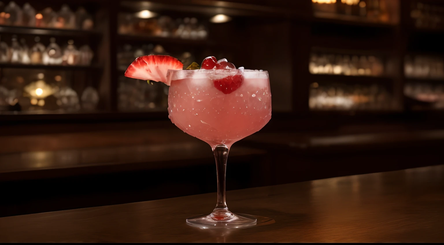 Obra maestra, realista ,A Captivating photo of  a incredible light transparent pink pomegranate  refreshing cocktail decorated with strawberry slider and hibiscus flower served in intricate crystal cup, cozy bar, atmospheric view by Chuck Close,  500px trending