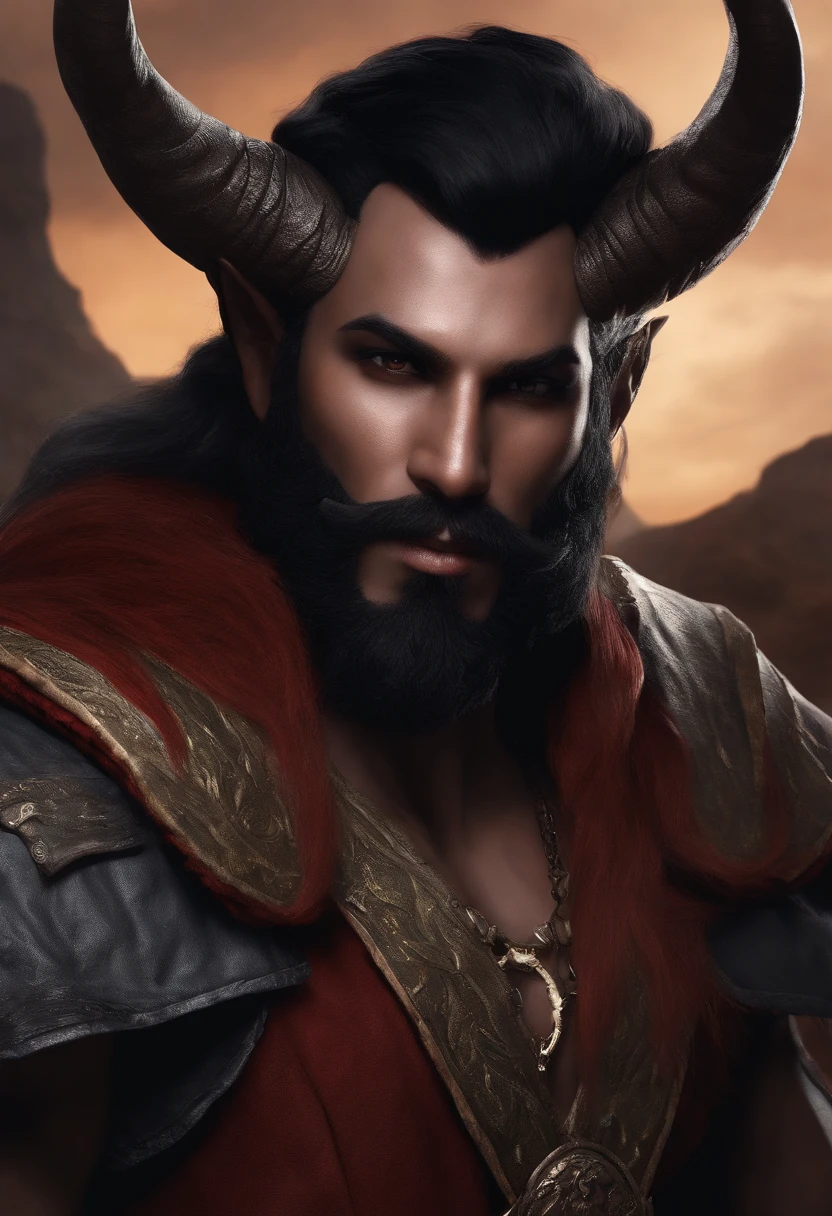 Male tiefling, ash gray skin, black eyes and black hair, tall, horns and tail, scare over right eye, big beard