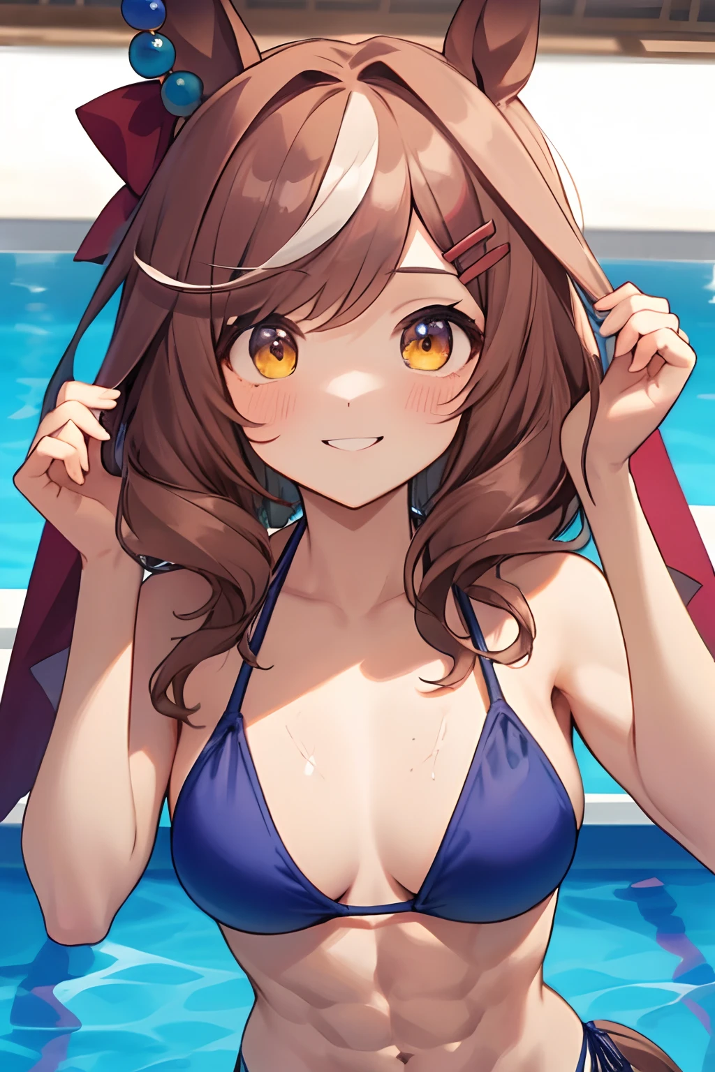 matikanetannhauser \(umamusume\), masterpiece, best quality, ((ultra-detailed face)), muscular girl, abs, upper body, plain bikini, horse tail, pool, smile, detailed clear eyes, frontage, hands up