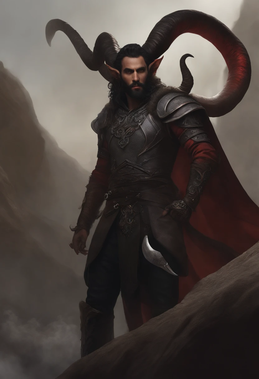 Male tiefling, ash gray skin, black eyes and black hair, tall, horns and tail, scare over right eye, big beard