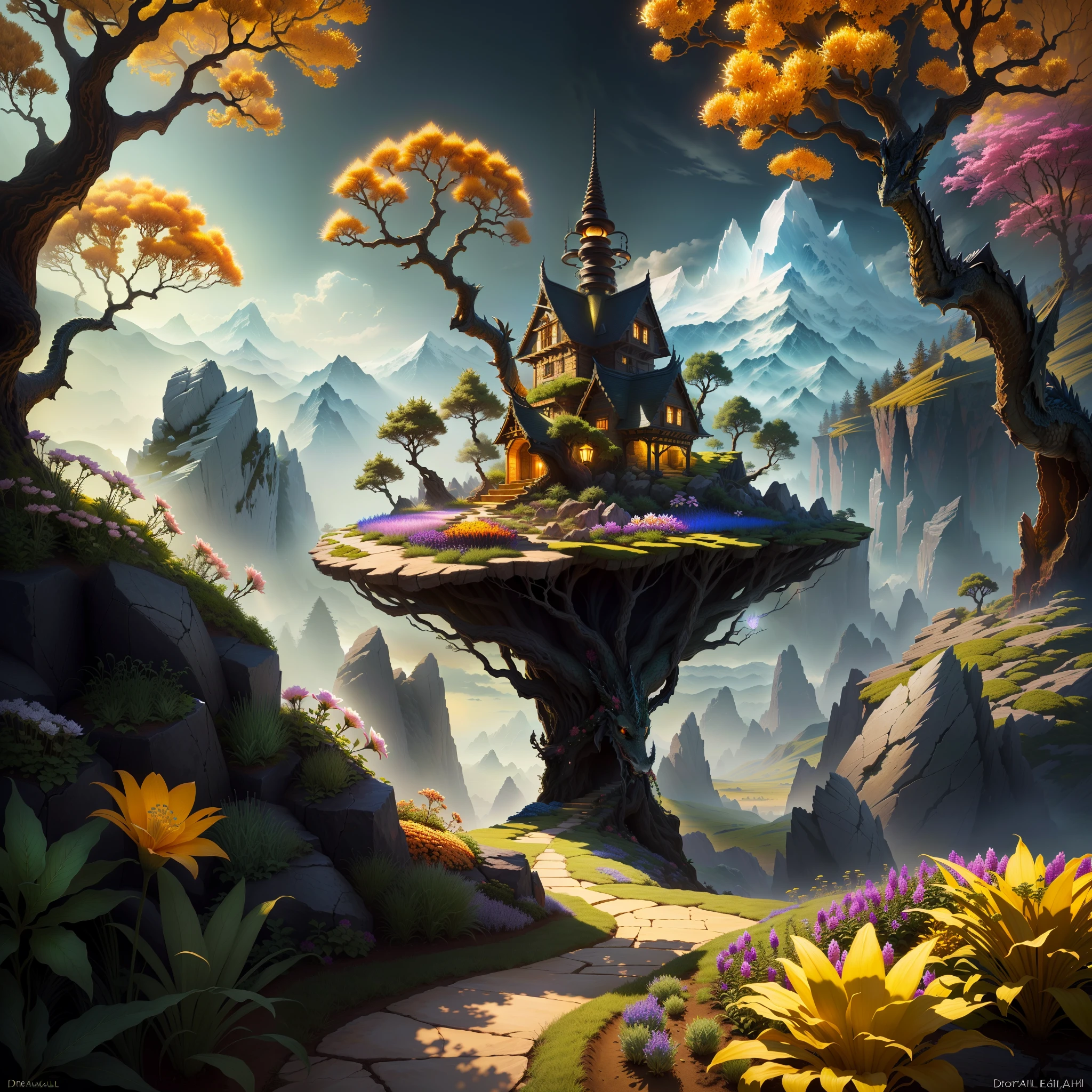 dragon tooth, light bulb, anthill, tree, beautiful detailed flowers, realistic, vibrant colors, HDR, ultra-detailed, high-res masterpiece:1.2, vivid colors, dreamlike landscape, soft lighting, botanic fantasy