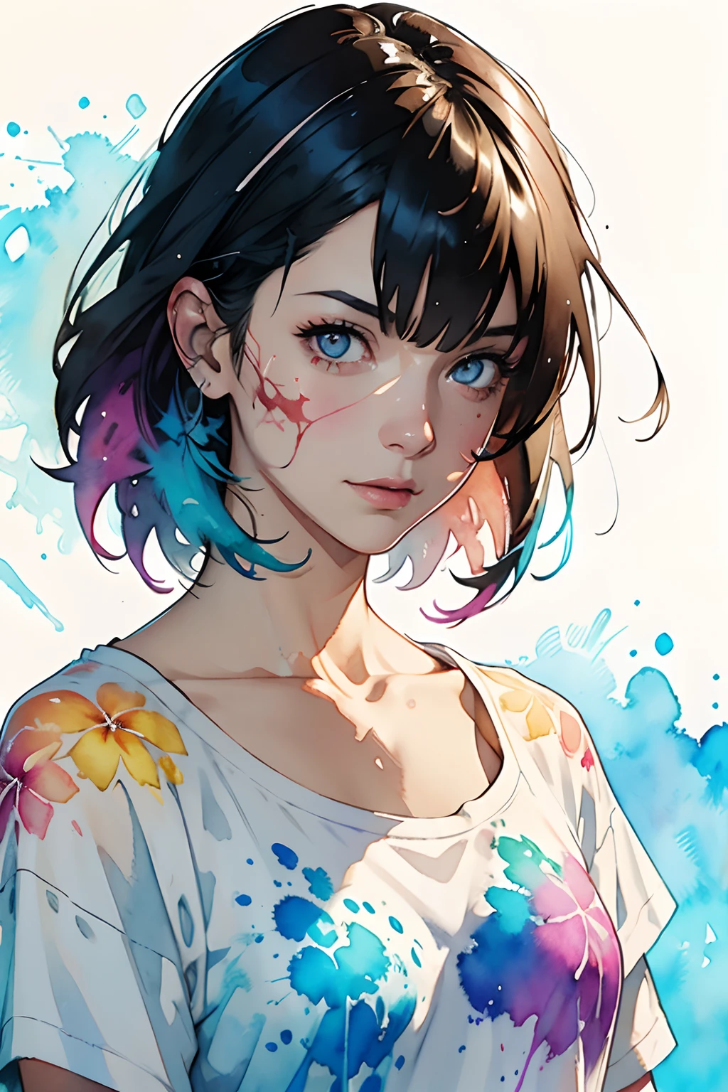 a Plumeria painting with a splatter background and spray paint effect, by Eugeniusz Zak, t-shirt, upper body centered, multi-color hair, closed eye, smile, watercolor art, by Károly Lotz, watercolor painting, watercolor painting style, watercolor detailed art, by Reuben Tam, by Agnes Cecile, watercolor digital painting, watercolor paint, masterfully detailed watercolor, watercolor art, Greg Rutkowski