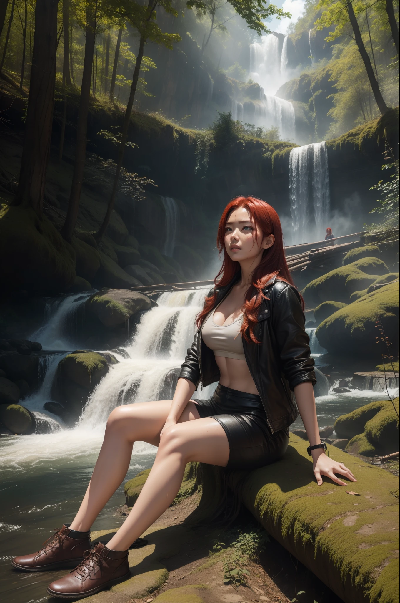 Forest background, Prone posture, Dusty, Bright sunshine, Yarn, waterfall, river, Sticky sweat, Sweaty, Hezin clothes, Leather, Half-clothed, Leather clothes, Big, red hairs, Golden eyes.