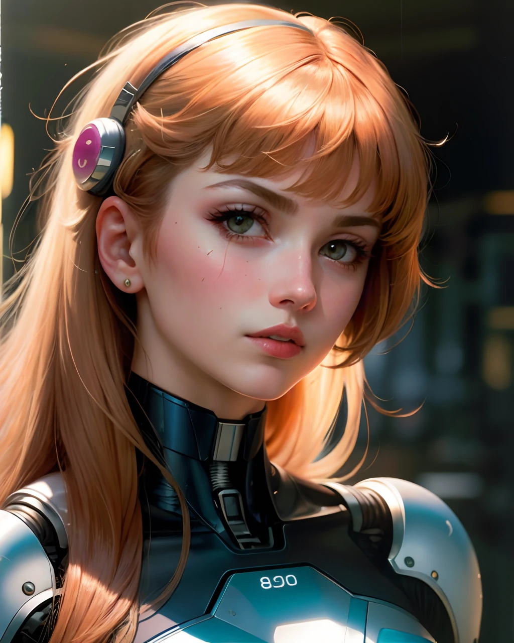 Realistic woman cyborg 80s aesthetic