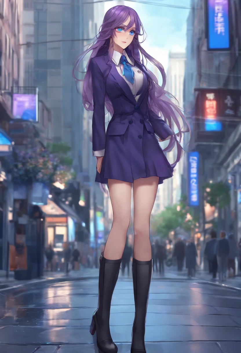 Anime girl standing on city street with long hair and blue eyes, trending in ArtStation Pixiv, purple eyes, blue tie, beautiful (detailed eyes, detailed face,) Ahegao, euladef, noble temperament, high heels, no watermark, 21 years old