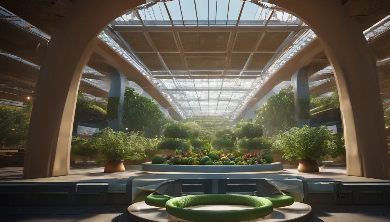 Una gran espacio, The size of a stadium, hay muchas columnas de vidrio y en su interior diferentes vegetaciones, Growing Fruits and Vegetables in Hydroponic Systems, There are robots that move through guidance systems and flying robots, Hay ambiente y buena luz solar, paredes gigantes de vidrio y columnas de acero curvadas,