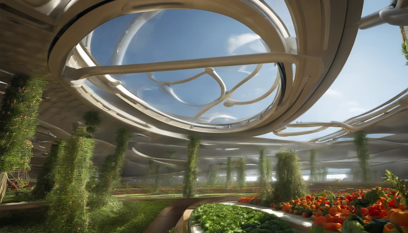 Una gran espacio, The size of a stadium, hay muchas columnas de vidrio y en su interior diferentes vegetaciones, Growing Fruits and Vegetables in Hydroponic Systems, There are robots that move through guidance systems and flying robots, Hay ambiente y buena luz solar, paredes gigantes de vidrio y columnas de acero curvadas,