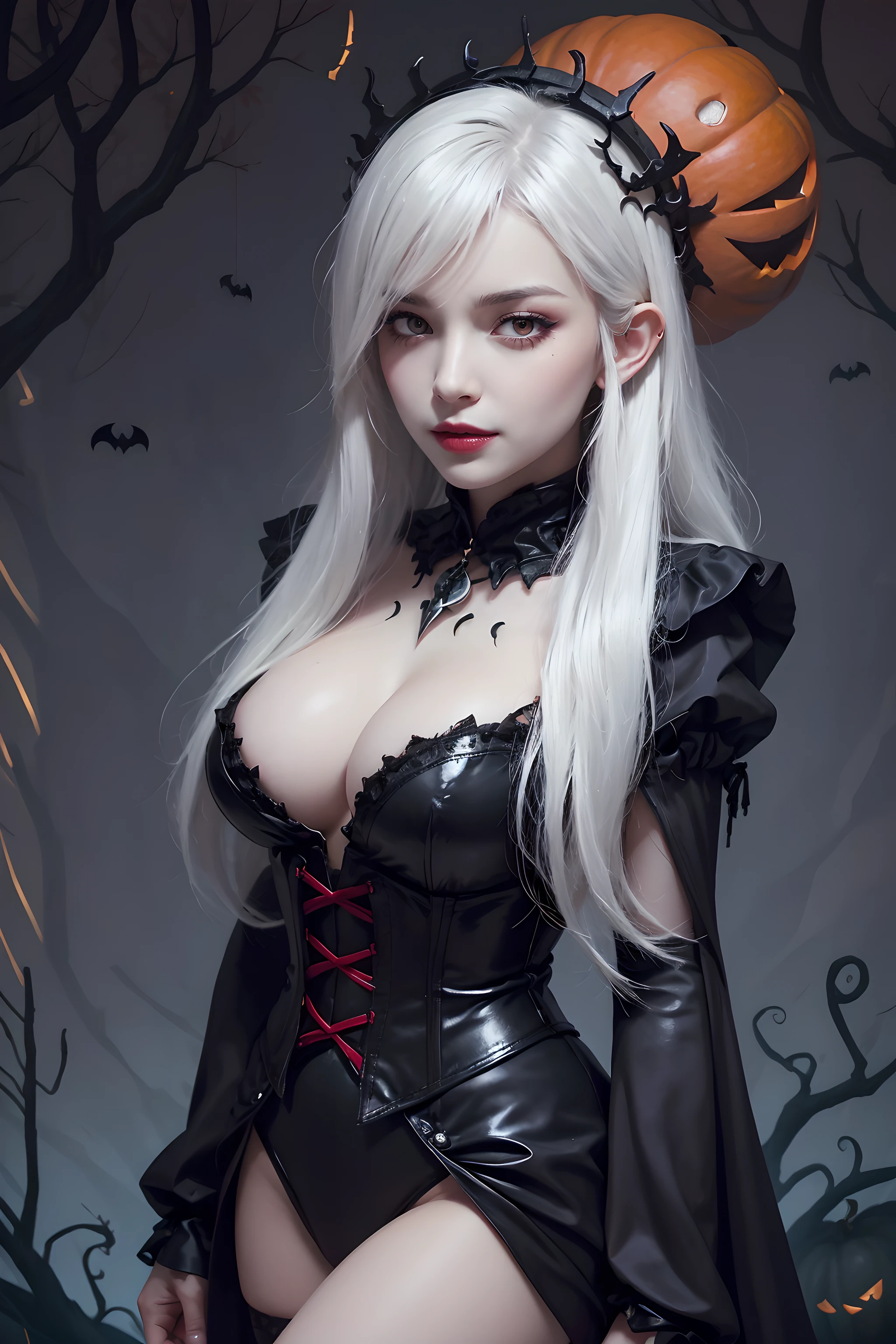 (Halloween theme:1.3), (fantasy:1.3), (vampire queen:1.3), (silver long hair:1.3), (red eyes:1.3), (vampire fangs:1.3), (extremely pretty and beautiful vampire queen:1.3), BREAK, Beautiful illustration, top-quality, (cute Russian vampire queen:1.3, Caucasian:1.3), having vampire features, (vampire queen:1.5), BREAK, (red eyes:1.5, pale skin:1.1), (beautiful, 20 years old:1.5), slim, slender, (big sagging breasts), (clean face:1.3), (vampire fangs:1.3), (ash hair:1.3), (white hair:1.3), (silver hair:1.3), BREAK, (fusion of red medieval cape dress and black elegant full lacy gothic dress), (latex corset), (black latex stockings), (knee-high-over-boots, pin-hells), (insanely detailed clothes), (halloween costume), BREAK, ((arms down:1.5)), blue eyess, lovely thighs, (jack o'lantern:1.3), (looking straight at the viewer), (view viewer:1.3), (upper body:1.3), top angle, (halloween:1.5), (halloween background:1.5), (low-key lighting, (moody ambiance):1.2, dark shadows, subtle highlights, mysterious aura),