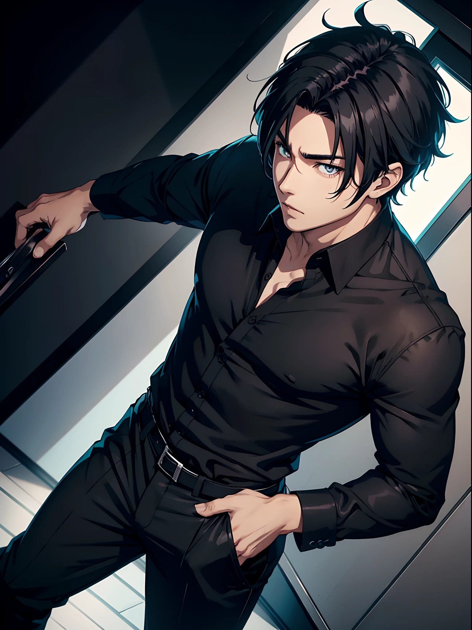 anime handsome man, black shirt and formal pants, black hair, gray eyes