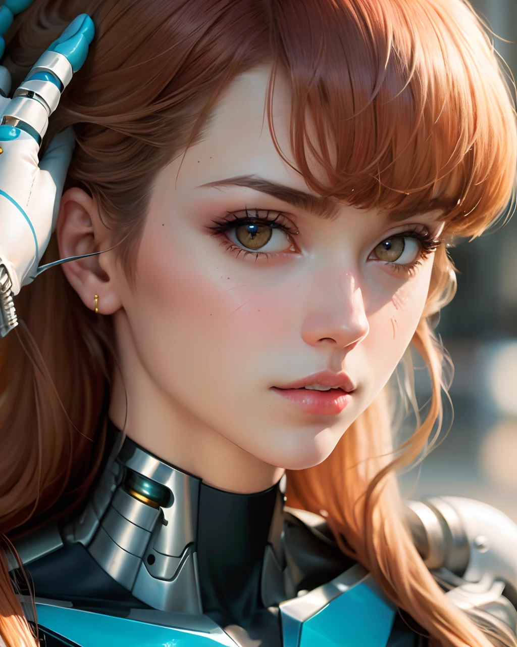 Realistic woman cyborg 80s aesthetic