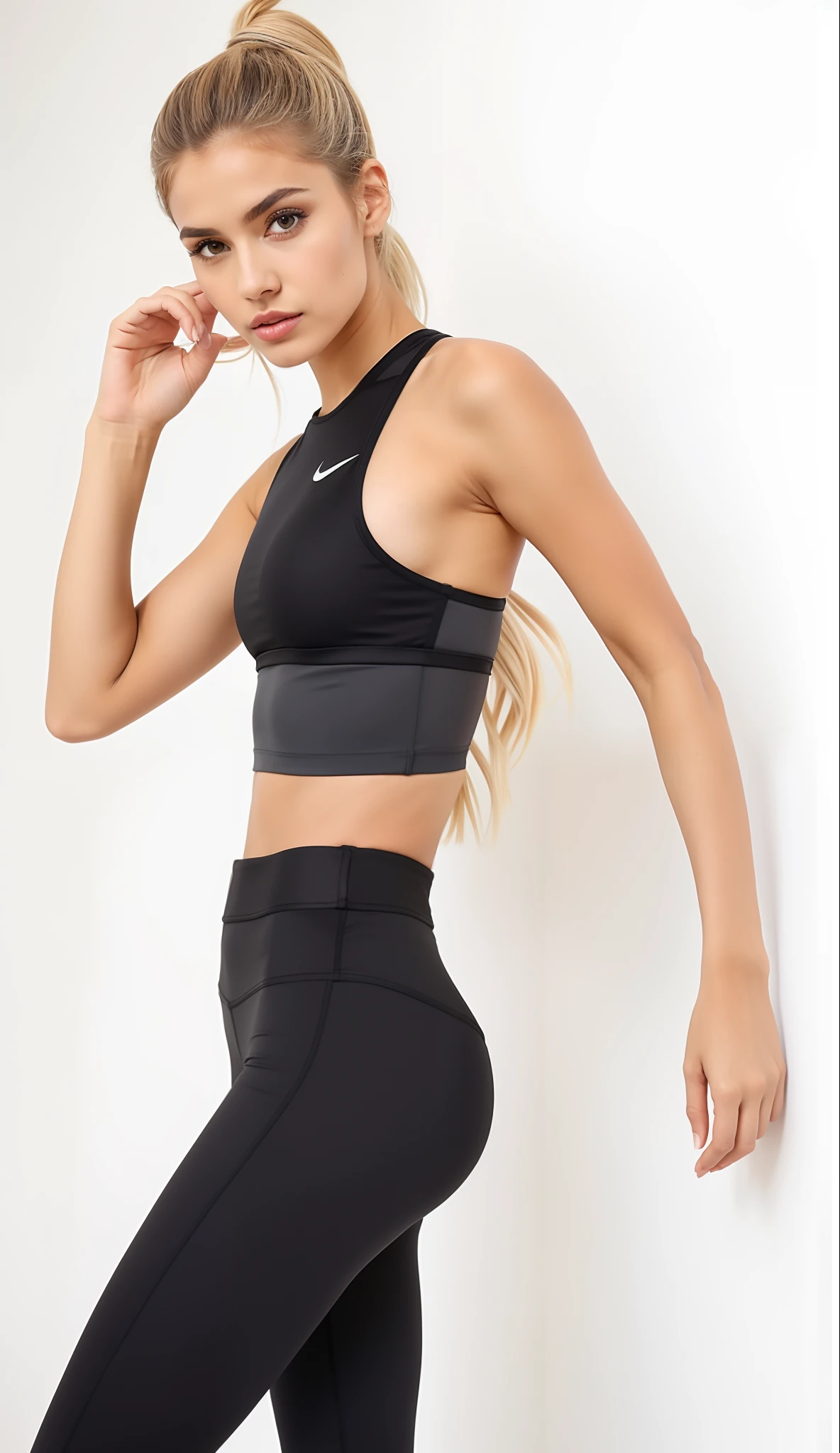 a woman in a black sports bra top and leggings, usando uma regata cropped preta, usando uma regata preta cropped, two piece workout clothes, Topo de colheita, physical : tinyest midriff ever, topo de corte, tanque preto apertado, sports bra, sport bra and shorts, usando roupas pretas apertadas, roupas esportivas, Esporte bom, detailed sports bra