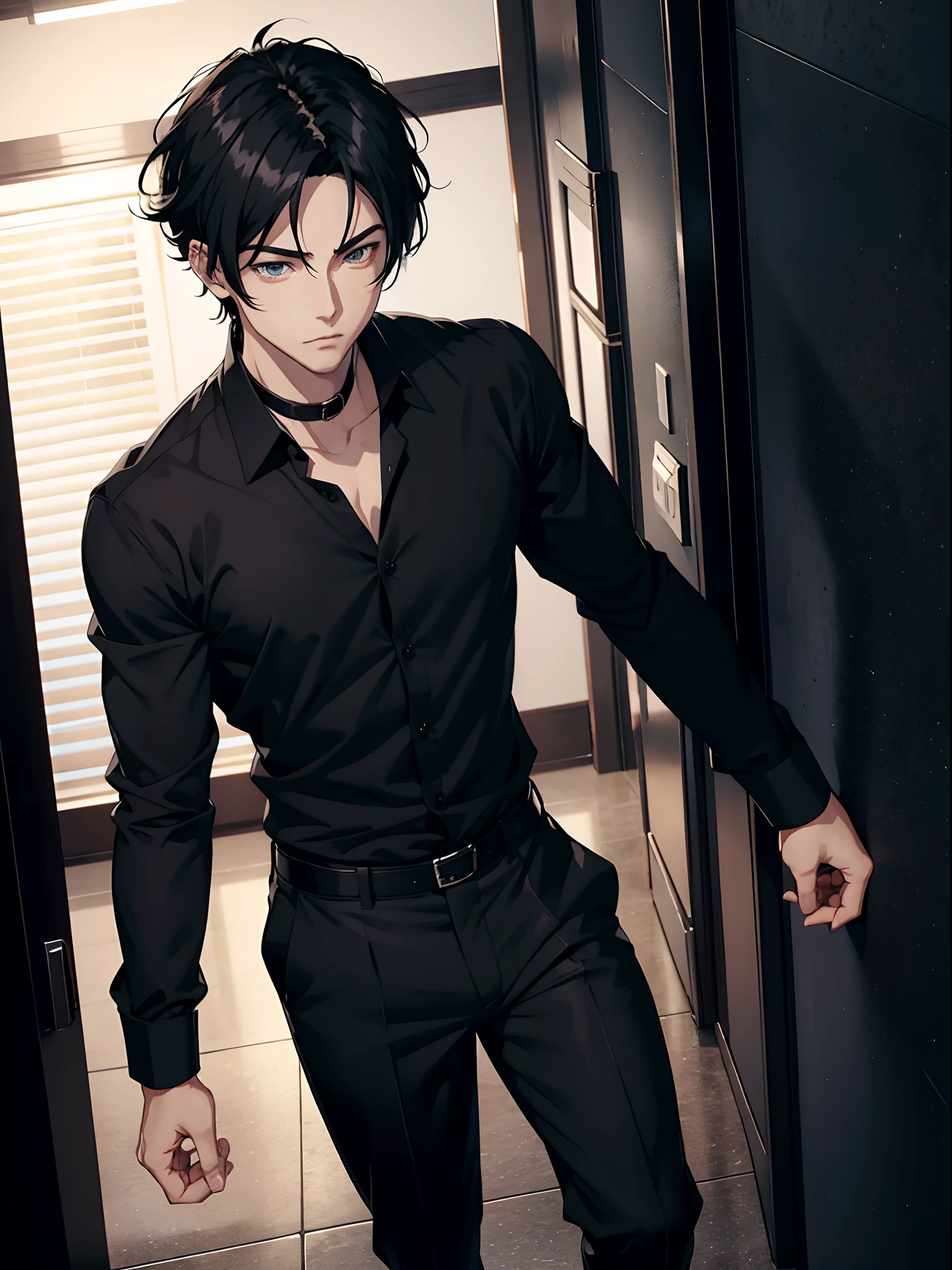 anime handsome man, black shirt and formal pants, black hair, gray eyes