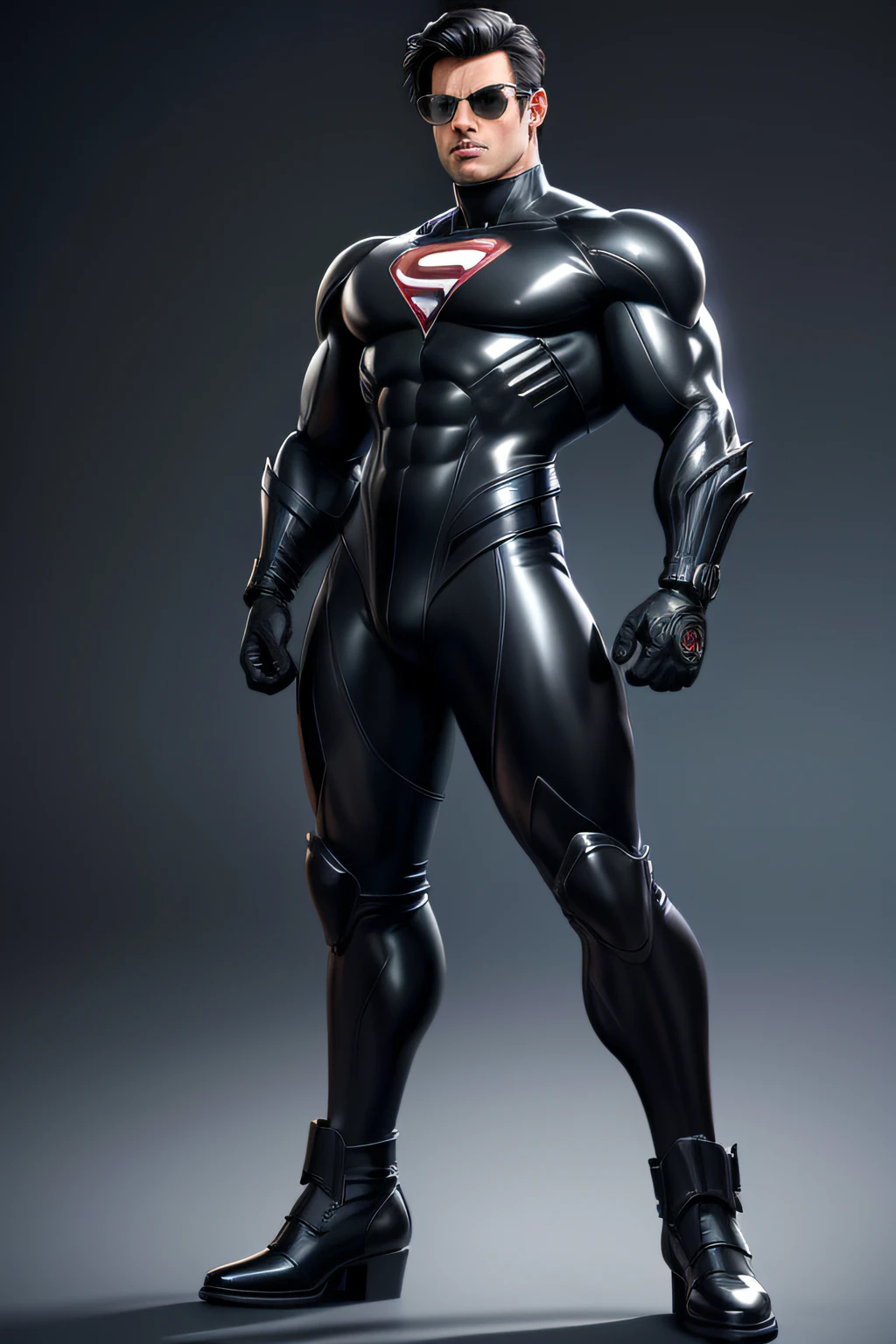 Estilo comics, Full body view of a strong man in superhero style with black hair, rosto do Tom Cruise, Eyes covered by a pair of sunglasses, Wearing a black latex suit in superhero style, com botas amarelas, luvas amarelas, corpo atletico, corpo perfeito, anatomia perfeita, lineart, contorno preto, hdr, 8k, hiper detalhado