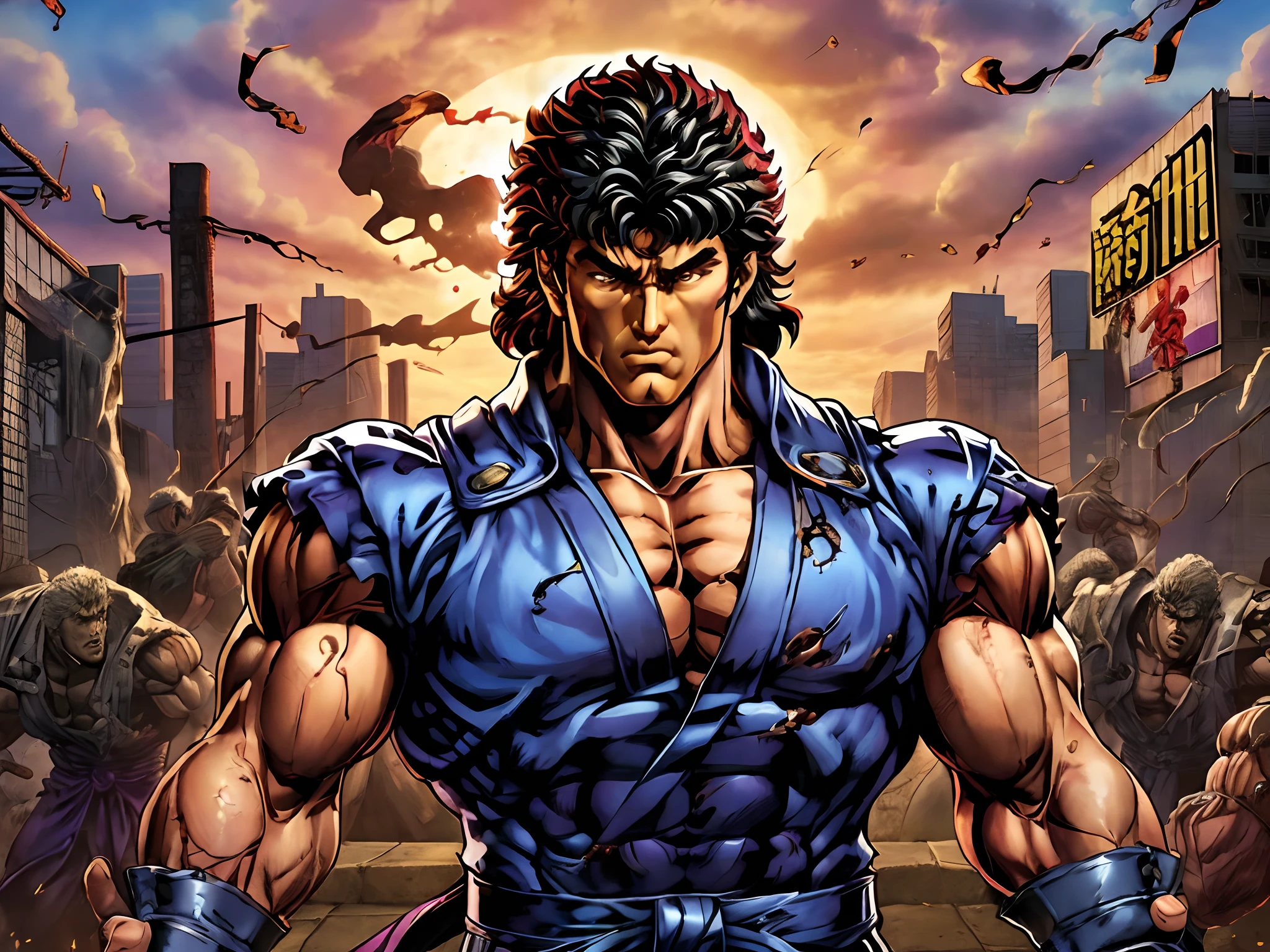 um close up de um homem com um punho em uma cidade, Punho da Estrela do Norte, Tom Cruise como Kenshiro, estilo Baba, Baba, Baki o Grappler, personagem de jogo de luta, joseph joestar, Foto de perfil, Genzoman, Remaster, Katsuhiro, striking manga artstyle, classic iconic rambo pose, A Aventura Bizarra de Jojo