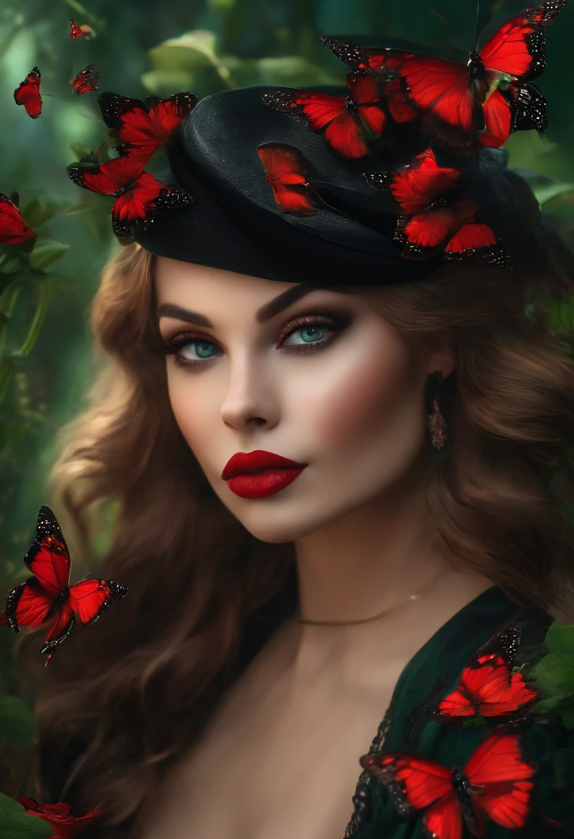 8k, solo, beautiful girl, black cat, makeup, blush, lipstick, red lips, realistic, green eyes, looking at viewer, painting, butterflies,