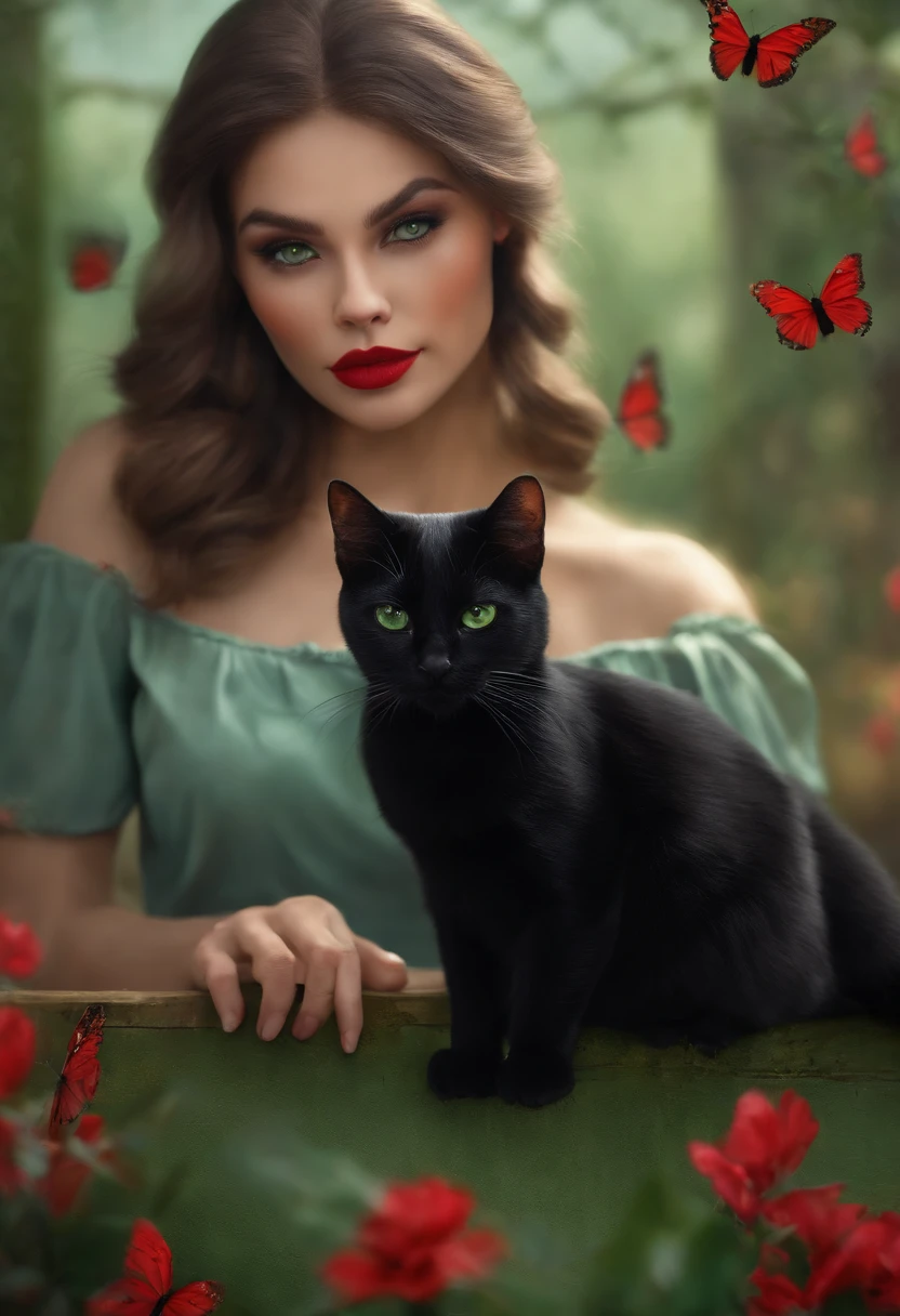 8k, solo, beautiful girl, black cat, makeup, blush, lipstick, red lips, realistic, green eyes, looking at viewer, painting, butterflies,