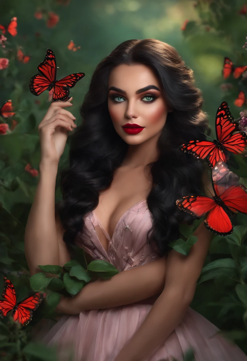 8k, solo, beautiful girl, black cat, makeup, blush, lipstick, red lips, realistic, green eyes, looking at viewer, painting, butterflies,