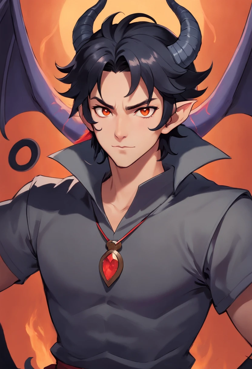 Male tiefling, ash gray skin, black eyes, black hair, tall, horns and tail, long scratch over right side of face and eye, big beard, portrait, sharp focus, demonic features, bulky