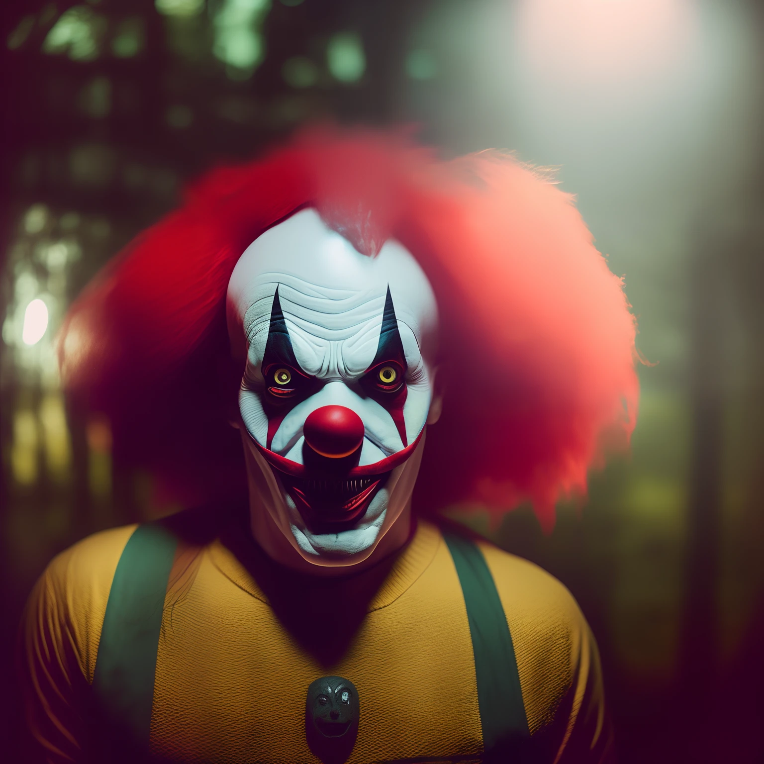 creepy photo of a clown, polaroid picture taken by greg rutkowski and james cameron for abercrombie & spooky haunted house in the woods during an alien invasion. scary atmosphere with red eyes staring at you from above through your window while holding up his hand to camera ; highly - detailed 4 k masterpiece!! trending on artstation dramatic lighting high contrast intricate face details