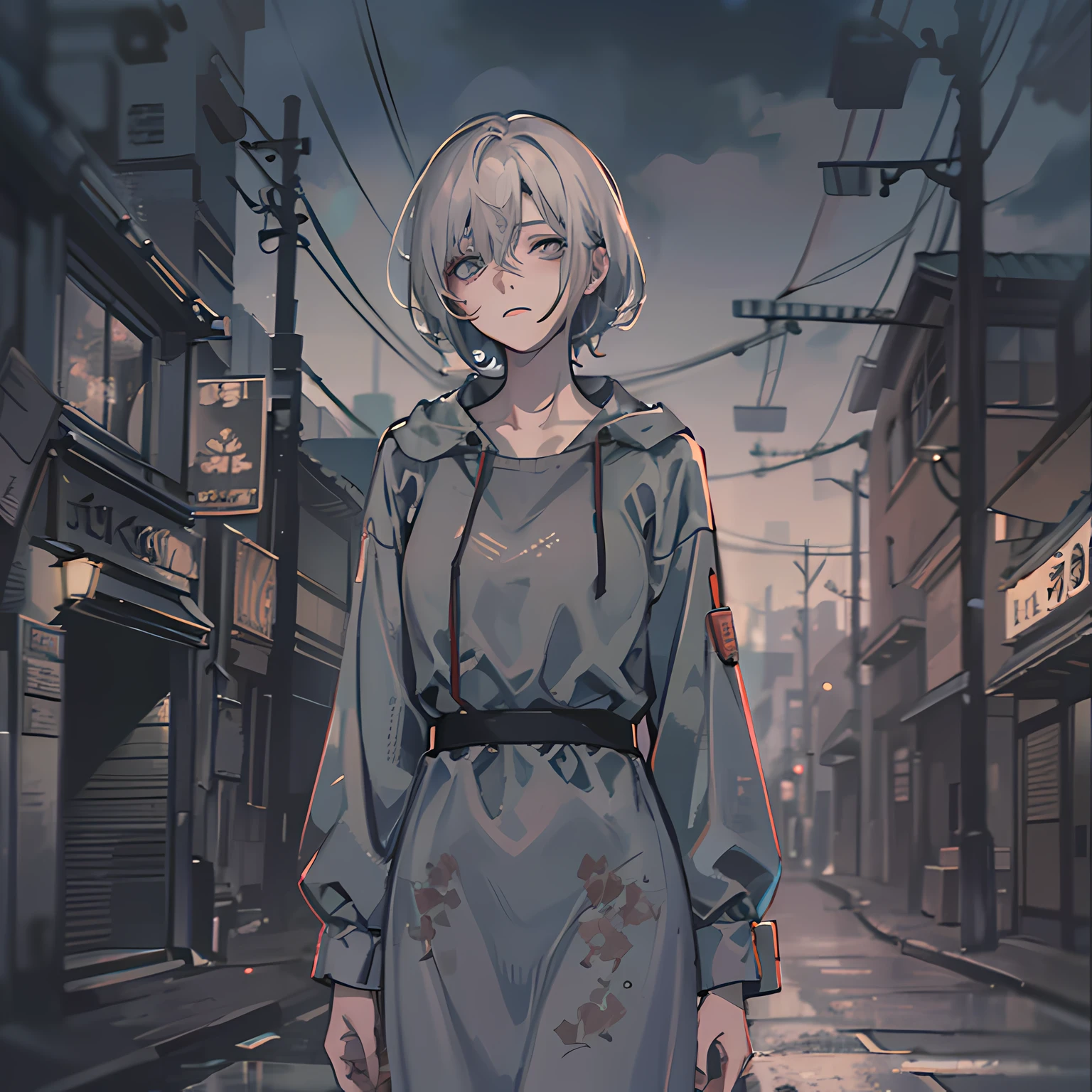 Close up, There is a woman alone in the town of silent hill done in a anime style, strange atmosphere, silent hill inspired, silent hill promotional image, visually alluring, clever use of liminal imagery, cold colors, muted colors, subject is wearing a dress from the 90's, smokey makeup, makima styled eyes, profile picture worthy