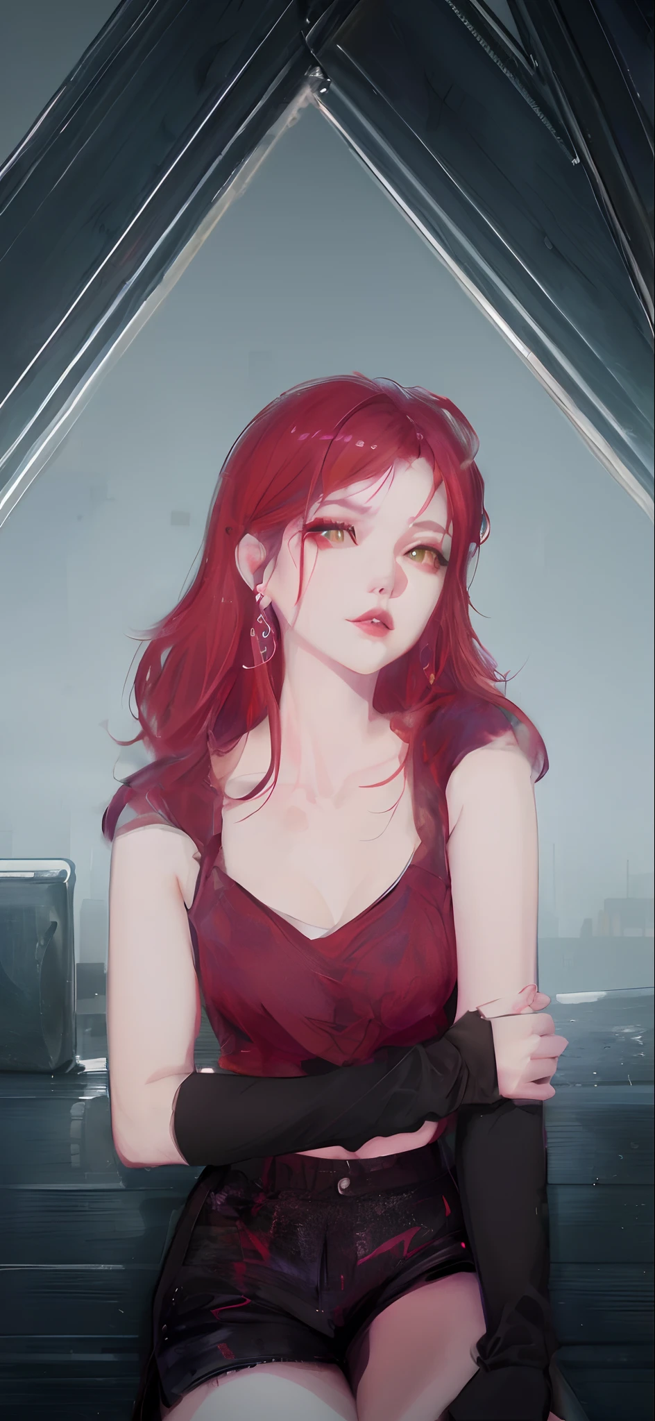 Anime girl with red hair and black gloves sitting on a bench, artwork in the style of guweiz, guweiz, ig model | artgerm, rossdraws portrait, extremely detailed artgerm, portrait anime girl, inspired by Yanjun Cheng, style artgerm, Beautiful anime portrait, realistic anime style, artgerm. anime illustration