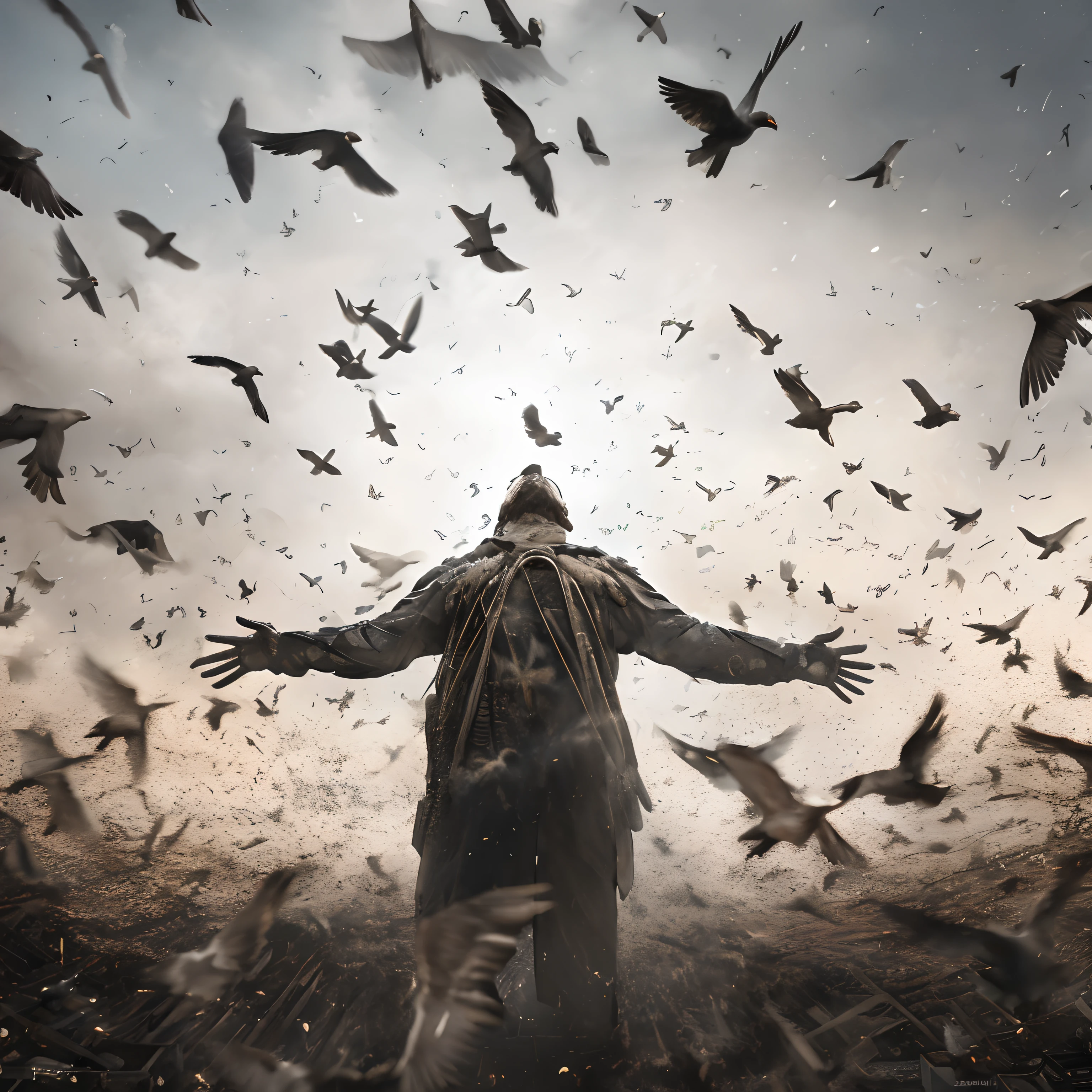 there is a man standing in the middle of a flock of birds, dramatic action photography, his arms spread. ready to fly, birds flying away from explosion, dramatic cinematic action shot, 2 0 2 2 photo, dramatic cinematic shot, dramatic artwork, wings growing out of arms, dramatic action atmosphere, by Ludwik Konarzewski