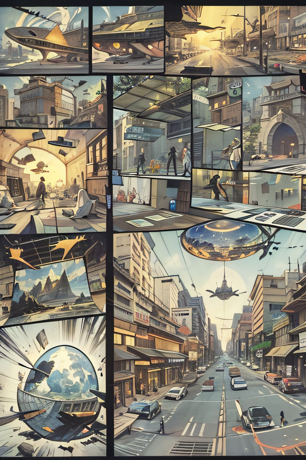 comic strip，Cartoon Split（4 or 5 or 6 tiles），Storyboard，Masterpiece, 。sudden，A spaceship fell from the sky，Falls in the middle of the street。 Enhanced detail