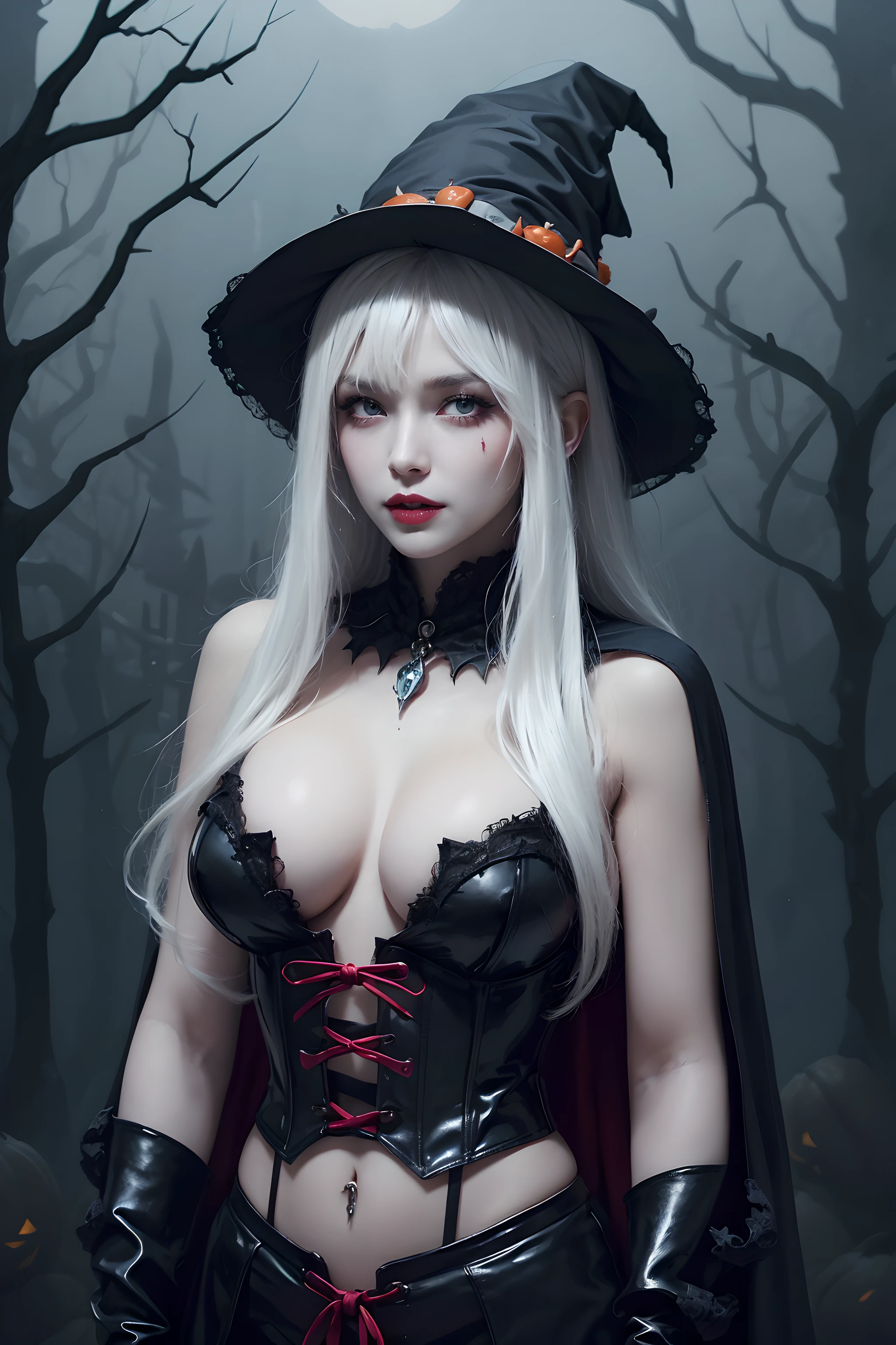 (Halloween theme:1.3), (fantasy:1.3), (vampire queen:1.3), (silver long hair:1.3), (red eyes:1.3), (vampire fangs:1.3), (extremely pretty and beautiful vampire queen:1.3), BREAK, Beautiful illustration, top-quality, (cute Russian vampire queen:1.3, Caucasian:1.3), having vampire features, (vampire queen:1.5), BREAK, (red eyes:1.5, pale skin:1.1), (beautiful, 20 years old:1.5), slim, slender, (big sagging breasts), (clean face:1.3), (vampire fangs:1.3), (ash hair:1.3), (white hair:1.3), (silver hair:1.3), BREAK, (fusion of red medieval cape dress and black elegant full lacy gothic dress), (latex corset), (black latex stockings), (knee-high-over-boots, pin-hells), (insanely detailed clothes), (halloween costume), BREAK, ((arms down:1.5)), blue eyess, lovely thighs, (jack o'lantern:1.3), (looking straight at the viewer), (view viewer:1.3), (upper body:1.3), top angle, (halloween:1.5), (halloween background:1.5), (low-key lighting, (moody ambiance):1.2, dark shadows, subtle highlights, mysterious aura),