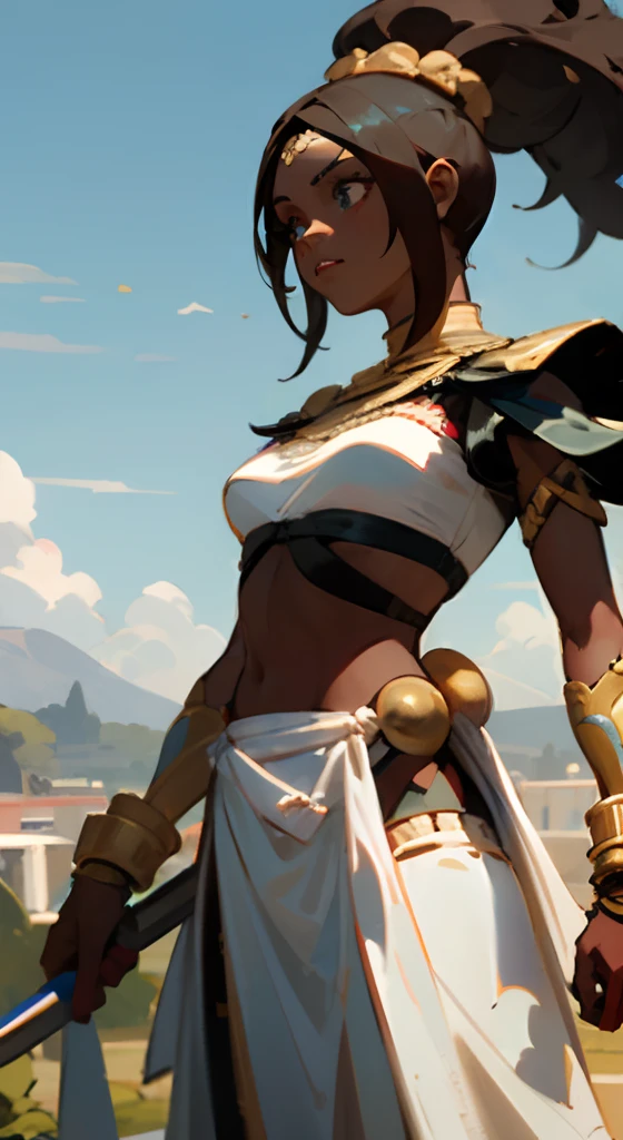 (african queen,warrior) [digital art,concept art] vibrant,energetic,highly detailed scene of a powerful Somali queen warrior. The protagonist, a regal woman with a strong presence, stands tall with confidence and grace. Her eyes are intense and piercing, reflecting her determination and fierceness. Her lips are adorned with a vibrant shade of red, symbolizing her strength and courage. She wears a traditional warrior outfit, embellished with intricate patterns and gold accents, showcasing her status and authority. The scene is set in a colorful and lush landscape, with rolling hills and a clear blue sky. The lighting is warm and golden, casting dramatic shadows that enhance the warrior's features. The artwork is of the highest quality, with ultra-detailed textures and realistic rendering. The colors are vivid and bold, evoking a sense of power and vitality. This masterpiece captures the essence of the Somali queen warrior, celebrating her resilience and valor.