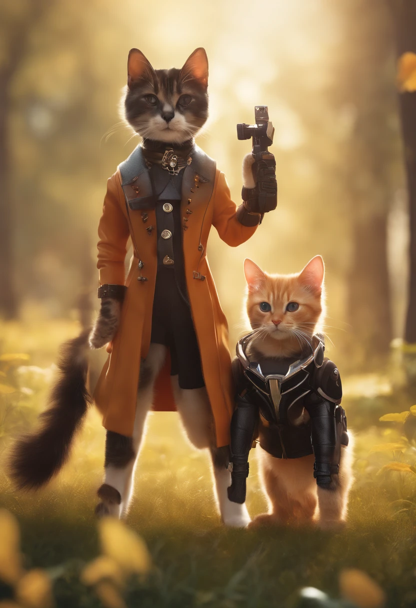2 filhotes bonitos, Conhecido como cachorro e gato cyberpunks, cachorros e gatinhos bonitos, Two-headed dog and cat, Gatinhos, Gatos, catscatscats, e gatos bonitos. Sentaram-se juntos no campo, Wearing Futuristic Cyberpunks Outfits. They are cute in the style of 🍁 and 🍂, And it's the cutest of them all. They are known as the real-life dog and cat. The art style is cute cat anime visual.