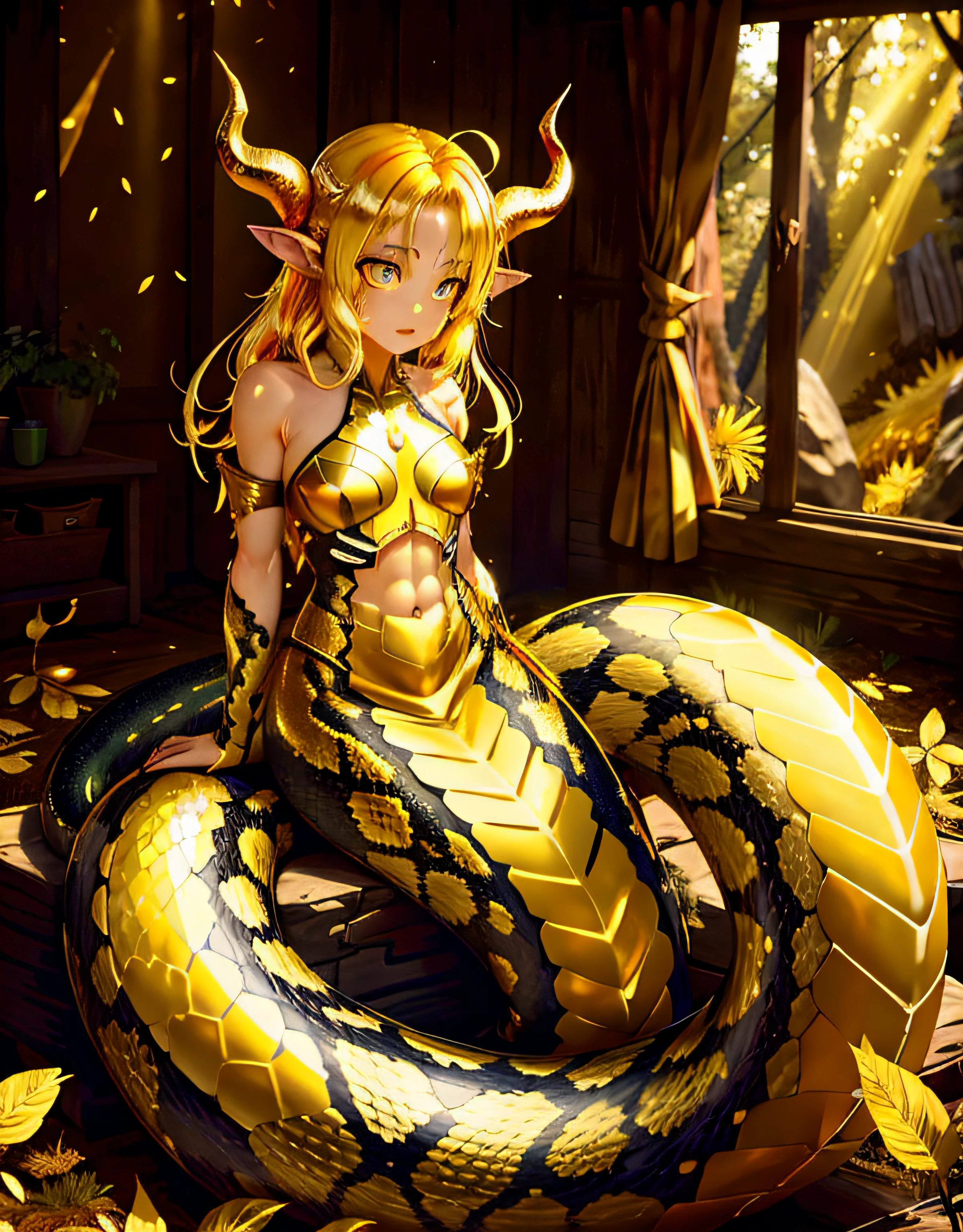detailed snake skin, (Adult ), solo focus, (lamia), stoic, monster girl, (short horns), beautiful eyes, beautiful background, abandoned cabin, forest, light particles, sun rays, dramatic lighting, outside, grass, leaves, shiny (yellow, gold, yellow gradient:1.5), realistic, masterpiece, best quality, ultra-detailed, detailed, scenery, beautiful detailed eyes, detailed hair