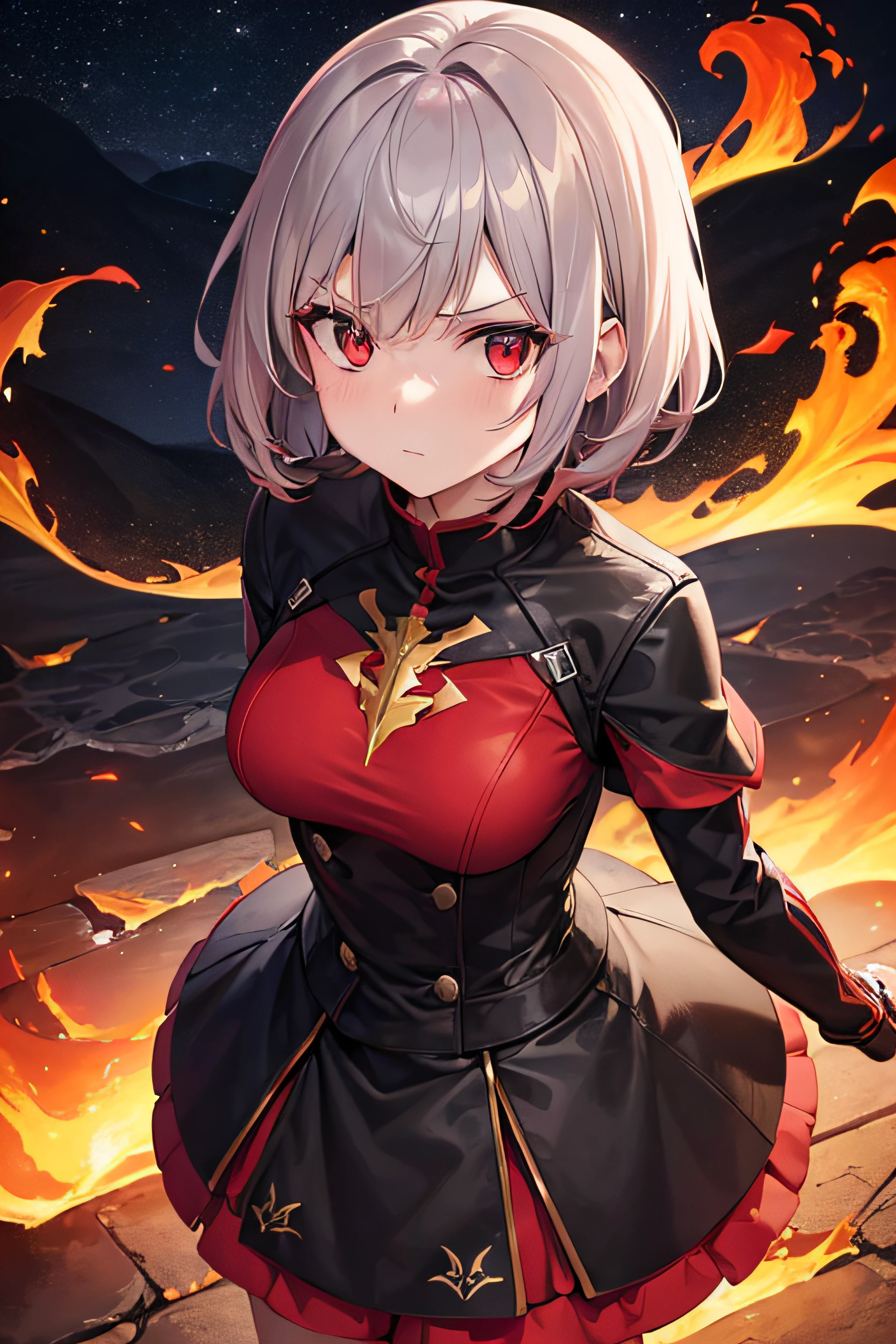 (girl:1.1), (red fire eyes), (short ashen hair), (surrounded by flames), (staring at the observer), (gloomy expression), (night sky), (8K)