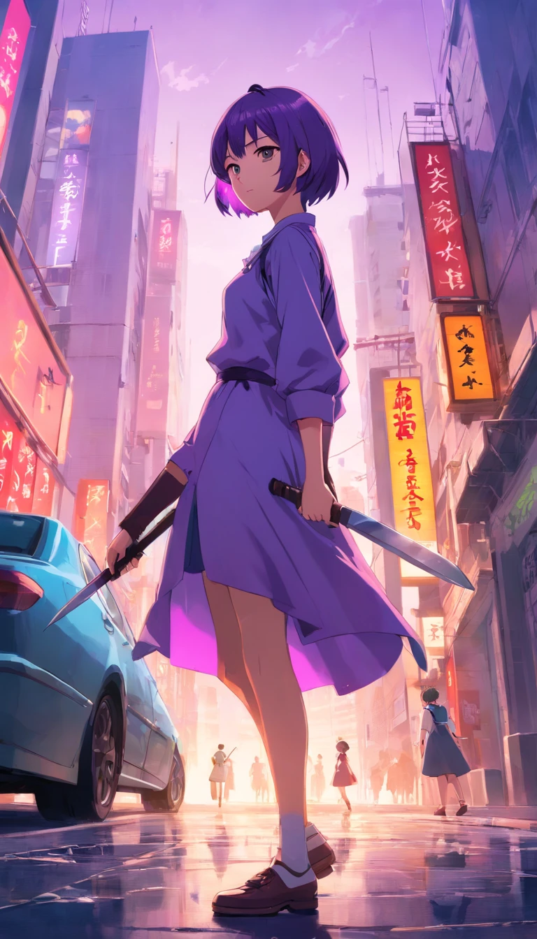 Obra maestra, La mejor calidad, Purple Short Haired Girl, cuerpo completo, mirada profunda, vistiendo un traje de maid rasgado, con una espada color negro en la mano izquierda, In an apocalyptic city landscape