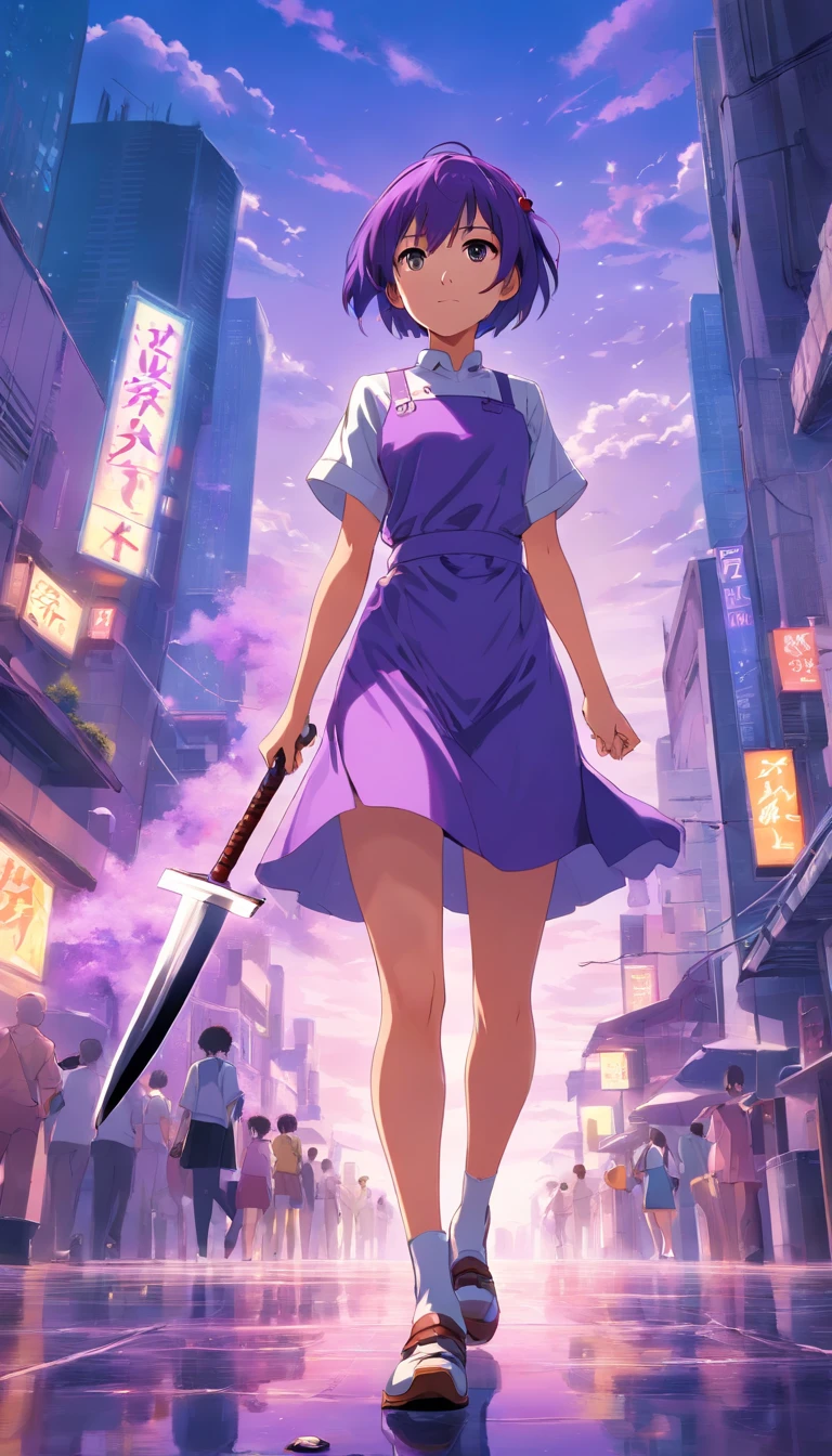 Obra maestra, La mejor calidad, Purple Short Haired Girl, cuerpo completo, mirada profunda, vistiendo un traje de maid rasgado, con una espada color ????? en la mano izquierda, In an apocalyptic city landscape