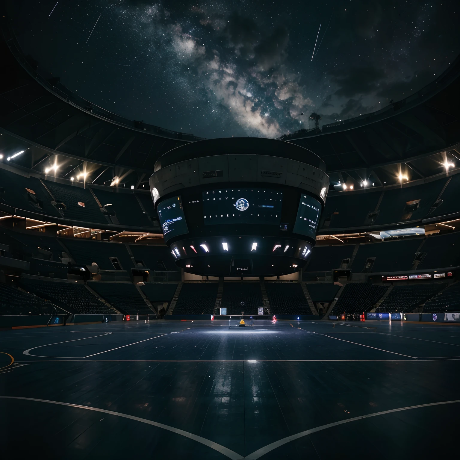 Vista dentro de uma arena noturna ao ar livre, Lots of stars in the sky and well-lit glazed floor, Similar to the arena of "trono: O Legado", mas com apenas luzes brancas. The night arena is a stunning sight, com um piso de vidro que reflete luzes brancas, criando uma atmosfera futurista. The night sky is full of twinkling stars, Providing a magical setting. As luzes brancas, de grandes holofotes estrategicamente posicionado na arena, Light up the space where 2 gigantic robots battle it out in this gigantic futuristic arena