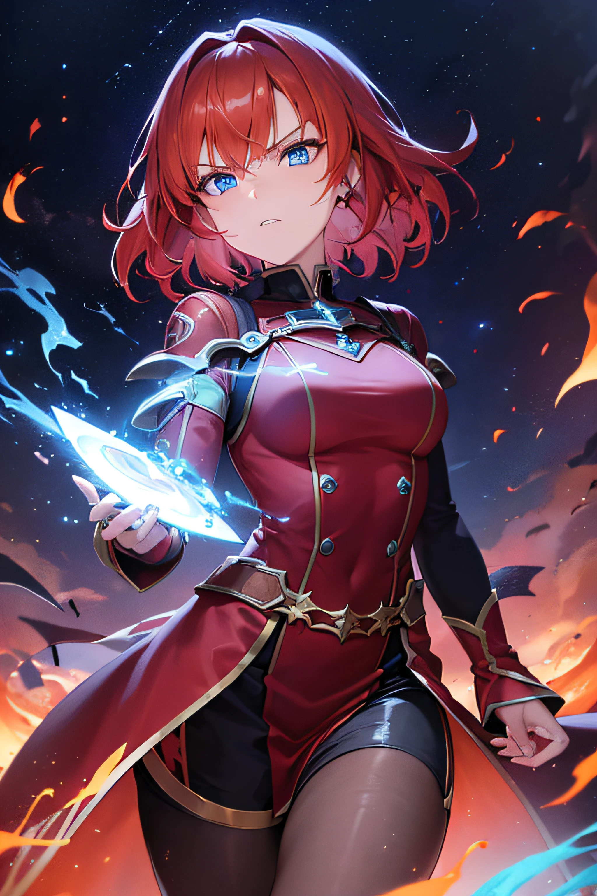 (girl:1.1), (short fiery red hair), (blue eyes), (sharp canines), (surrounded by blue flames), (staring at the observer), (serious and expressionless), (night sky), (8K)