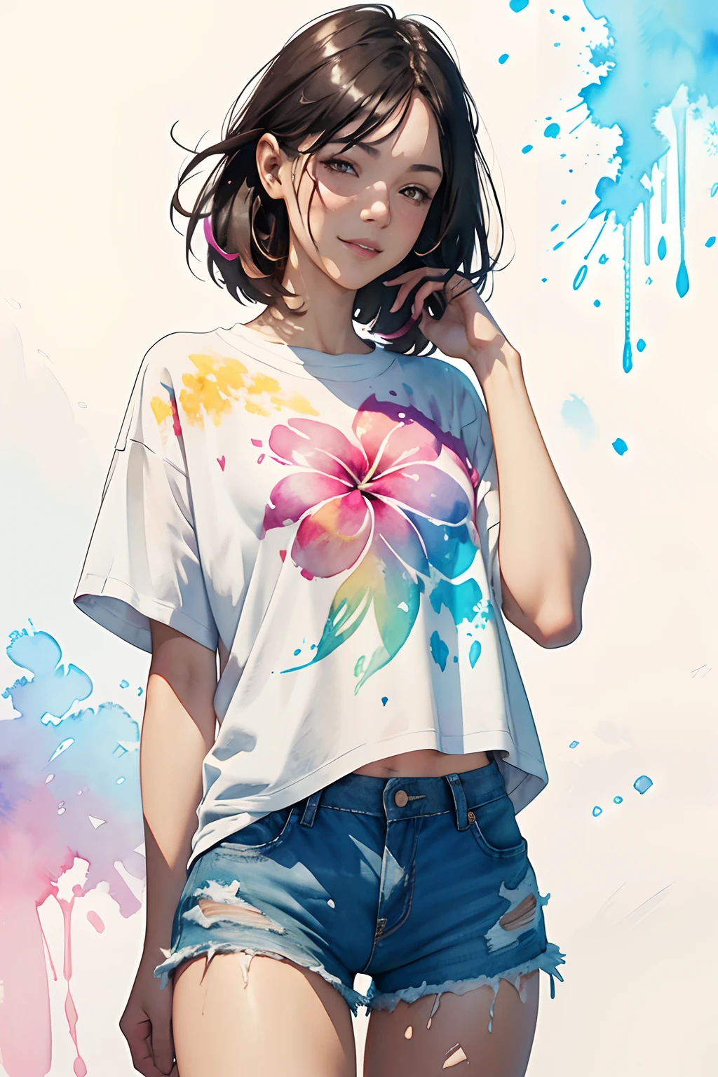 a Plumeria painting with a splatter background and spray paint effect, by Eugeniusz Zak, plumeria flower design t-shirt and jean shorts, upper body centered, multi-color hair, closed eyes, big happy smile, watercolor art, by Károly Lotz, watercolor painting, watercolor painting style, watercolor detailed art, by Reuben Tam, watercolor digital painting, watercolor paint, masterfully detailed watercolor, watercolor art, Greg Rutkowski