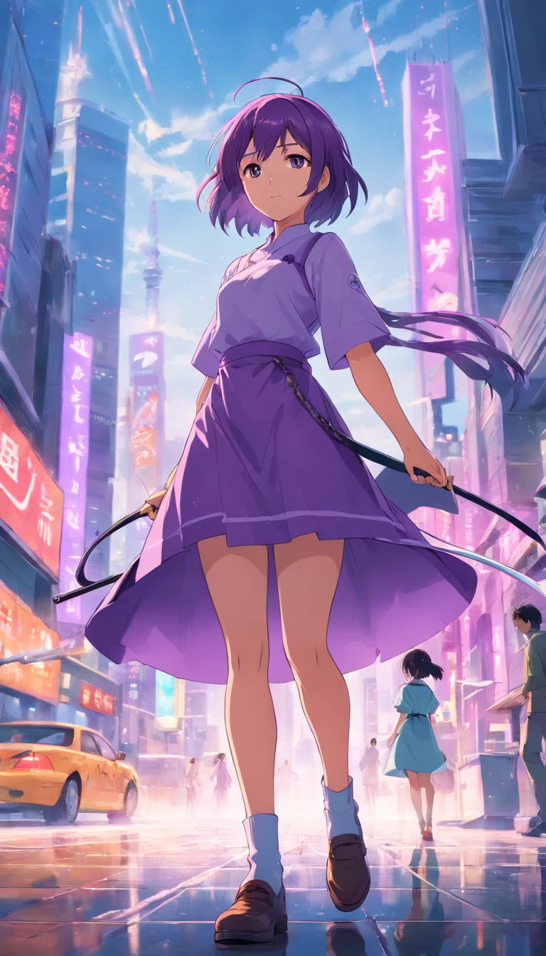 obra maestra, La mejor calidad, Purple Girl Short Hair, cuerpo completo, mirada profunda, vistiendo un traje de maid rasgado, con una espada color negro en la mano izquierda, In an apocalyptic cityscape