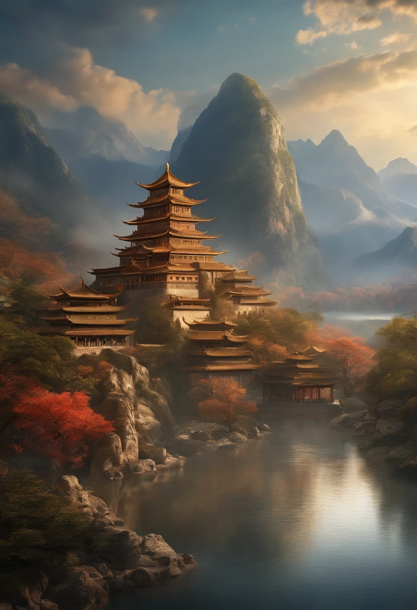 Ancient Chinese scenery, mountains, rivers, auspicious clouds, sunshine, masterpieces, super detail, epic composition, ultra HD, high quality, extremely detailed, official art, unified 8k wallpaper, Super detail, 32k -- v 6