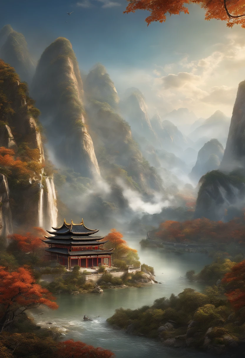 Ancient Chinese scenery, mountains, rivers, auspicious clouds, sunshine, masterpieces, super detail, epic composition, ultra HD, high quality, extremely detailed, official art, unified 8k wallpaper, Super detail, 32k -- v 6