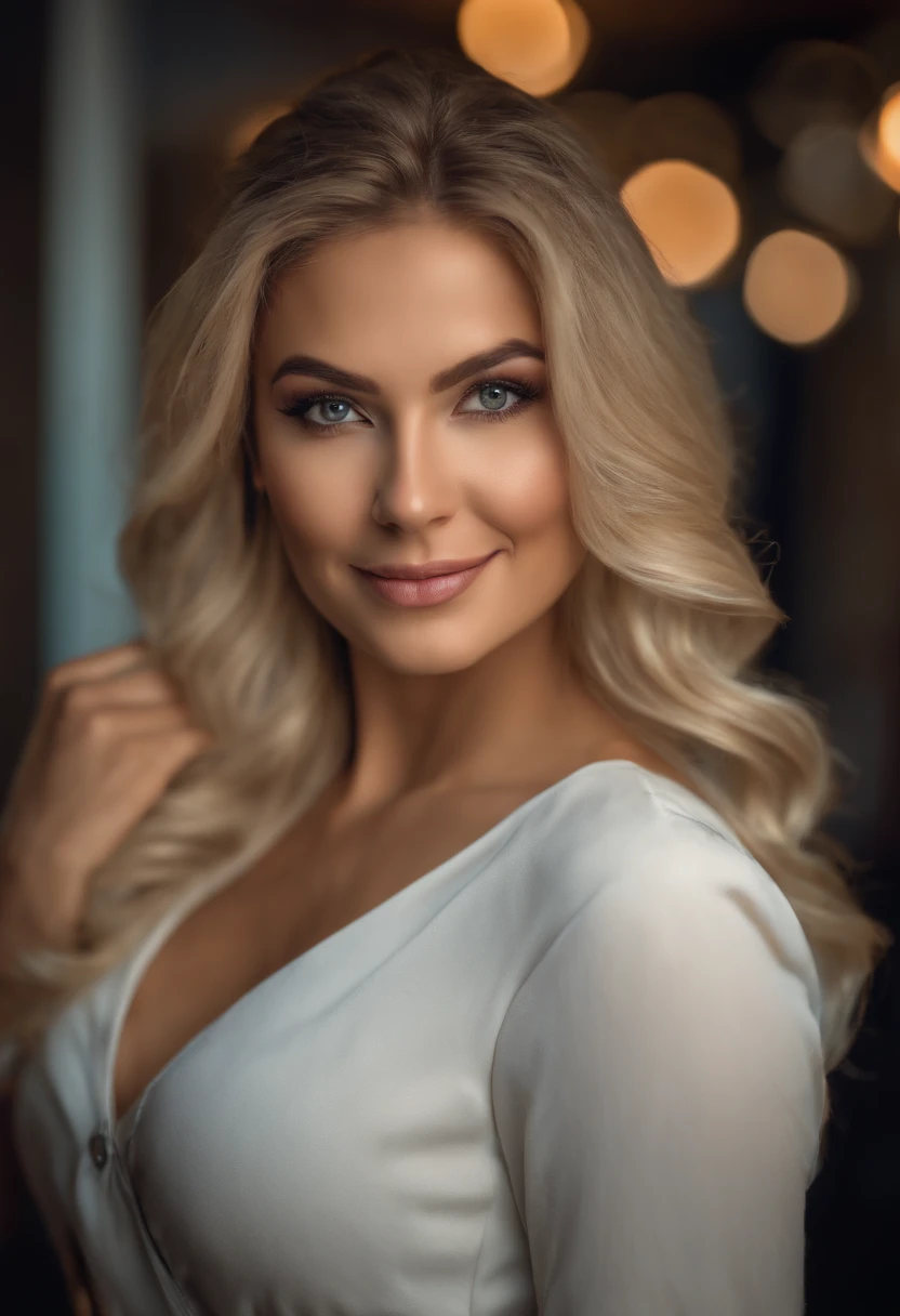 a smiling blonde walks down the DISCO. sexy 25 year old. realistic photo. ultra detailed. in sexy clothes HDR, very realistic, photorealism, 8k, cinematic lighting, natural pose, hispanic, full body, perfect angle, sexy girl with brown eyes, ultra realistic, very detailed, large eyes, without makeup, natural makeup, looking directly at the camera, face with artgram, subtle makeup, medium to large size bust, , sexy, professional, shot on canon, 85mm shallow depth of field, kodak vision color, realistic skin texture, best quality