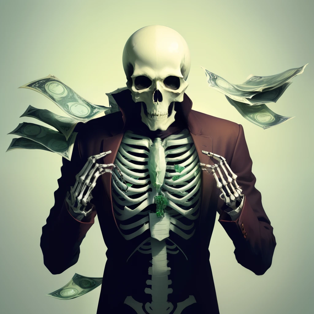 skeleton with money and drugs