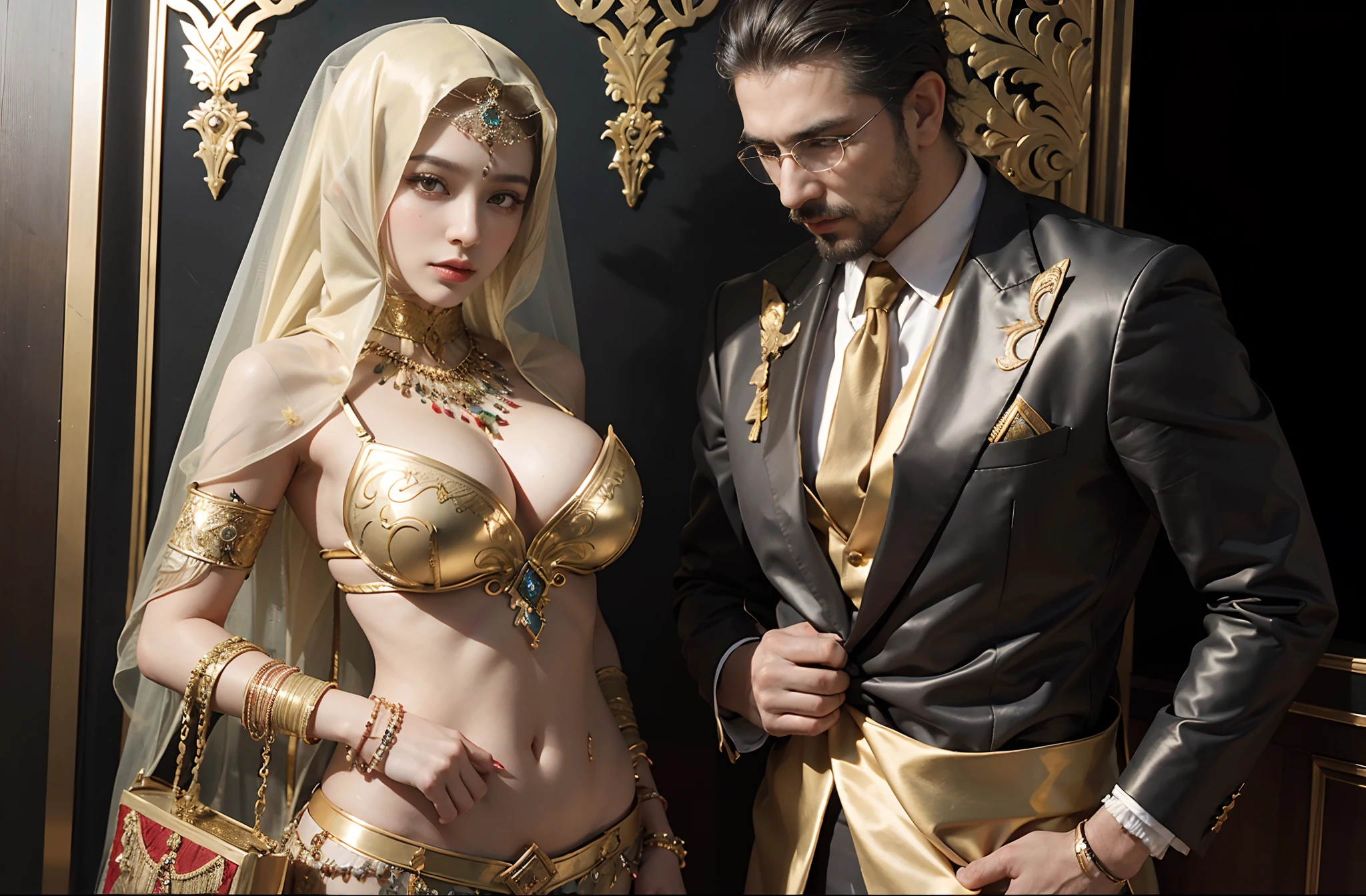 there is a man and woman dressed in costume posing for a picture, arabian art, cgsociety masterpiece, wlop and andrei riabovitchev, mogul khan, exotic costumes, inspired by Osman Hamdi Bey, stunning cgsociety, cgsociety 9, middle eastern skin, realistic gold, trending in cgsociety, persian queen, arabian, inspired by Altoon Sultan