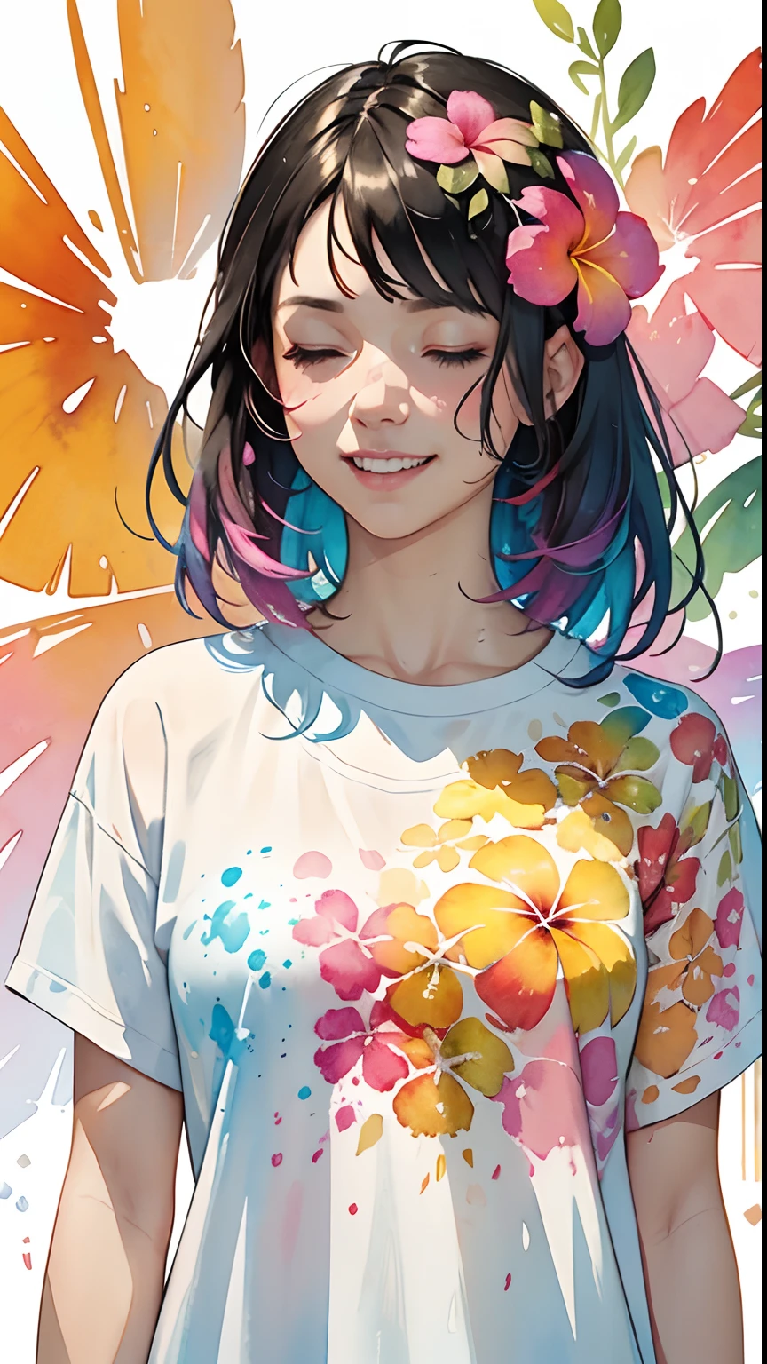 a Plumeria painting with a splatter background and spray paint effect, by Eugeniusz Zak, plumeria flower design t-shirt and jean shorts, upper body centered, multi-color hair, closed eyes, big happy smile, watercolor art, by Károly Lotz, watercolor painting, watercolor painting style, watercolor detailed art, by Reuben Tam, watercolor digital painting, watercolor paint, masterfully detailed watercolor, watercolor art, Greg Rutkowski