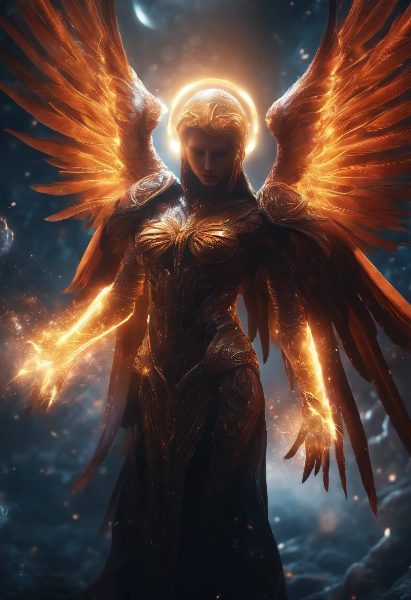 Cosmic Fallen Angel, glowing light eyes, Biomechanical, eerie, Creepy, nightmarish, Very bright colors, Light particles, with light glowing, Mshiv, wallpaper art, Ultra HD wallpaper esports athlete