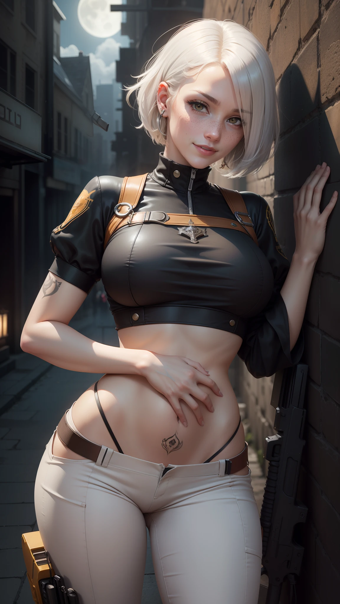 gwen tennyson,tracer,albedo,yorha 2b,rebecca chambers,atelier ryza,nier automata,close up,mecha pilot,city ruins,tattoos,white and orange plugsuit, steel short sleeve lycra top,white cargo pants,uncovered belly,short hair,cute makeup,yellow eyes,dimensional silver hair,sexy smile,freckles,beautiful girl,large breasts,4k hd,ultra detailed,realistic,fantasy art,military uniform,aviator uniform,moonlight,steel armor,ear piercings,hair pin,holding a gun,